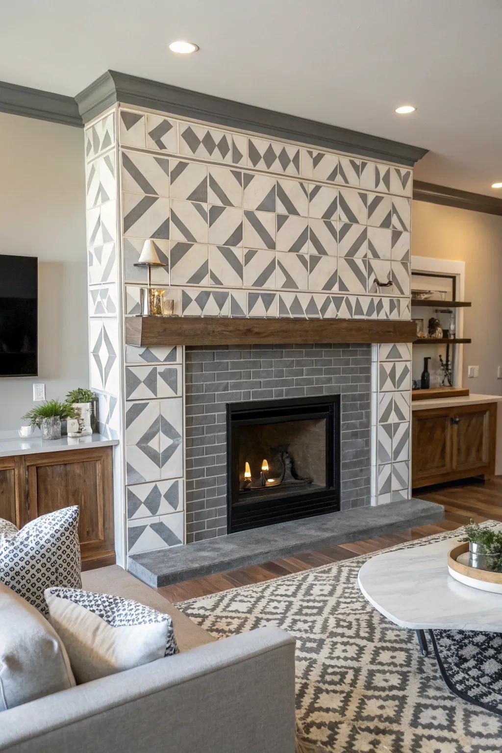 Add interest with geometric patterns around your fireplace.