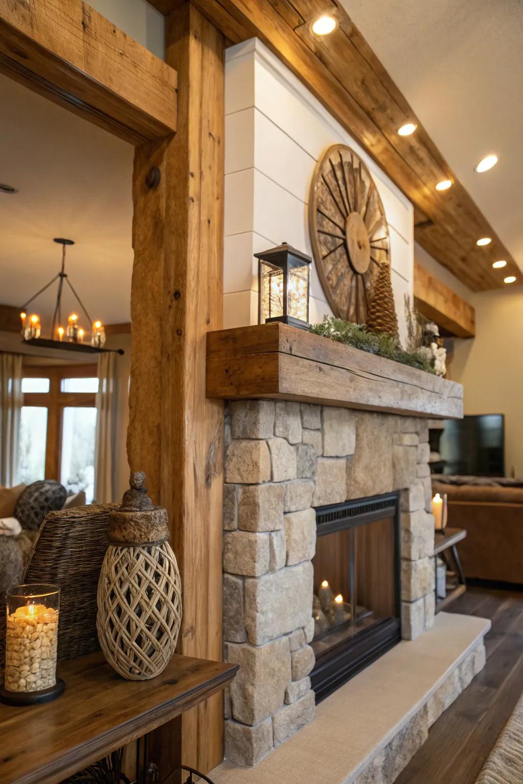 A rustic mantel, enriched with charming wooden accents.
