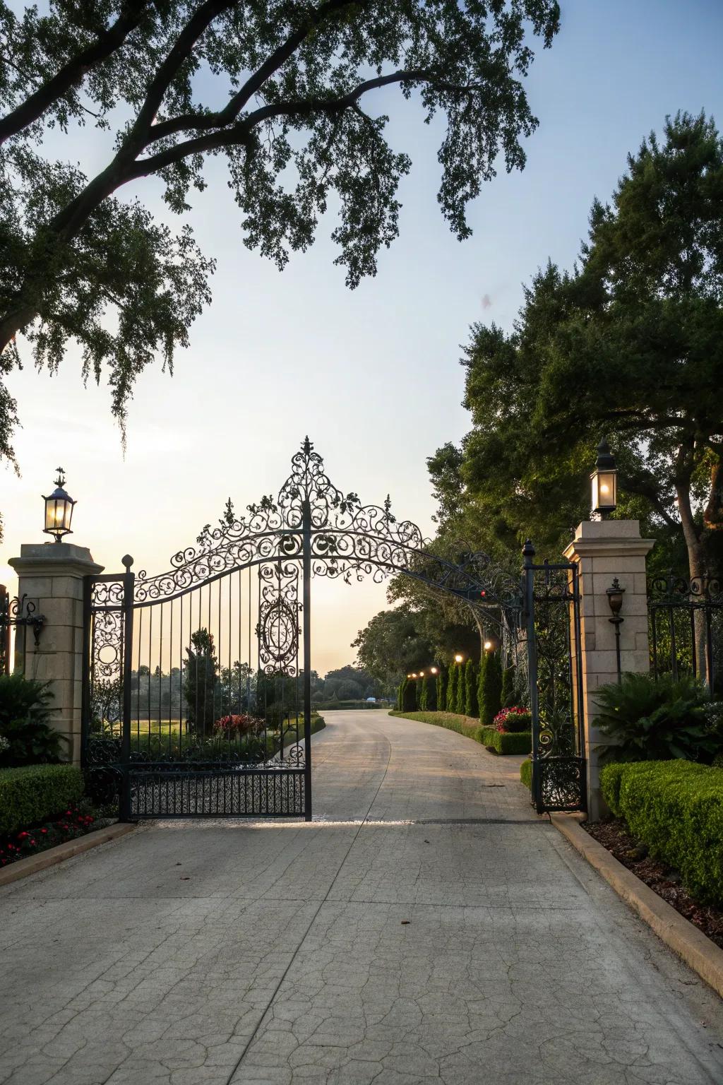 A grand entrance featuring a decorative wrought iron gate enhancing the flag lot driveway.