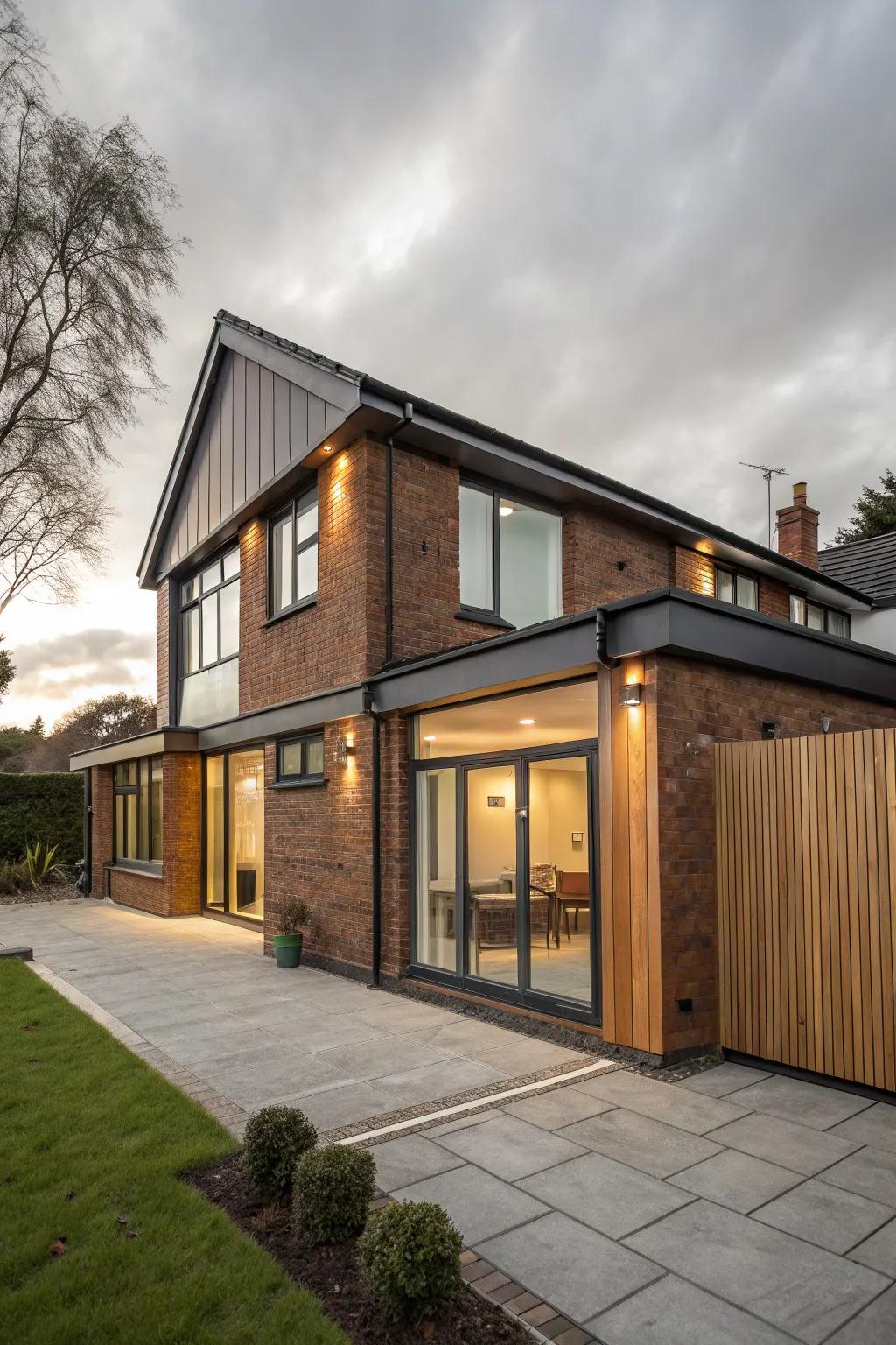 A modern home with a front extension using mixed materials for added character.