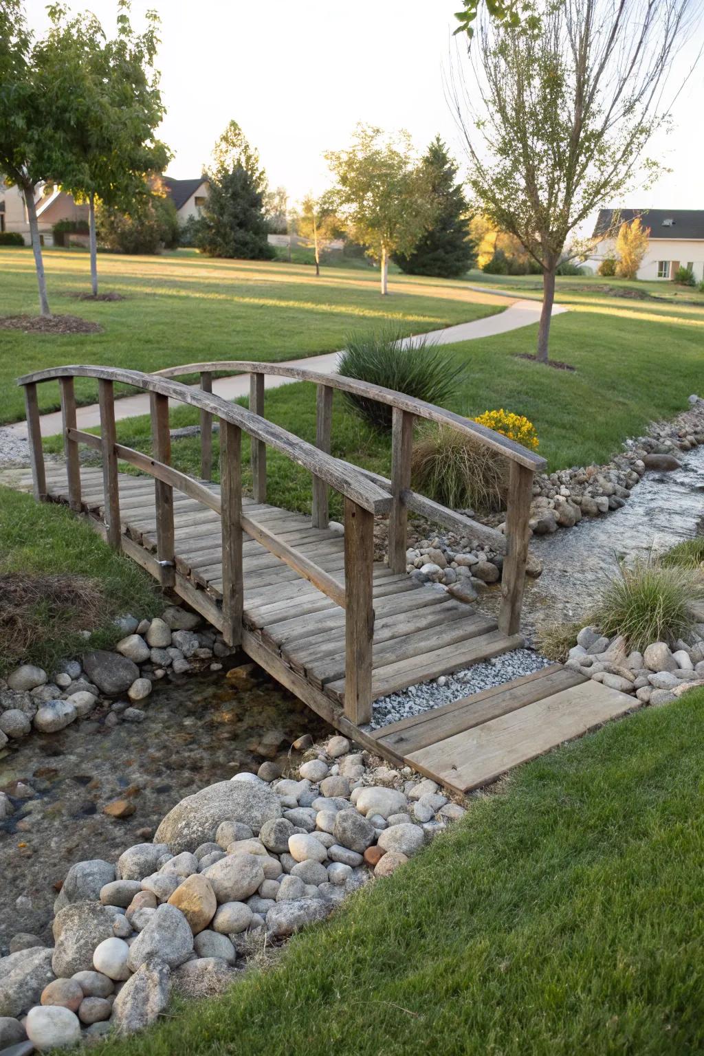 A decorative bridge adds charm and function to your dry creek bed.