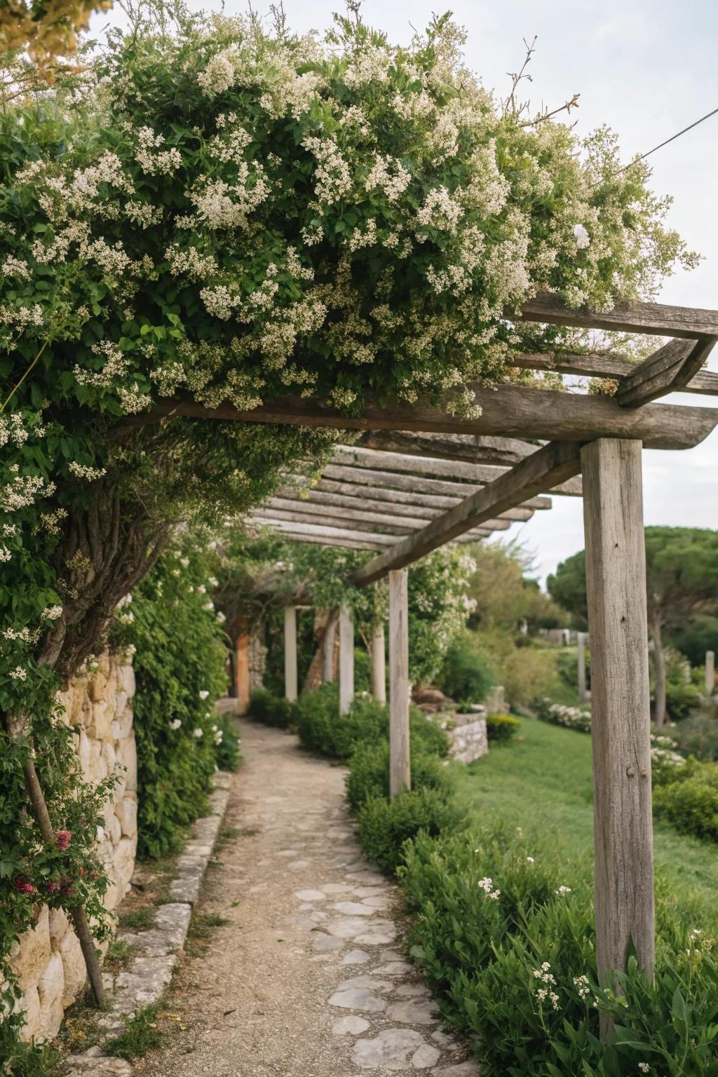 Climbing jasmine creates a fragrant, green canopy over this inviting space.