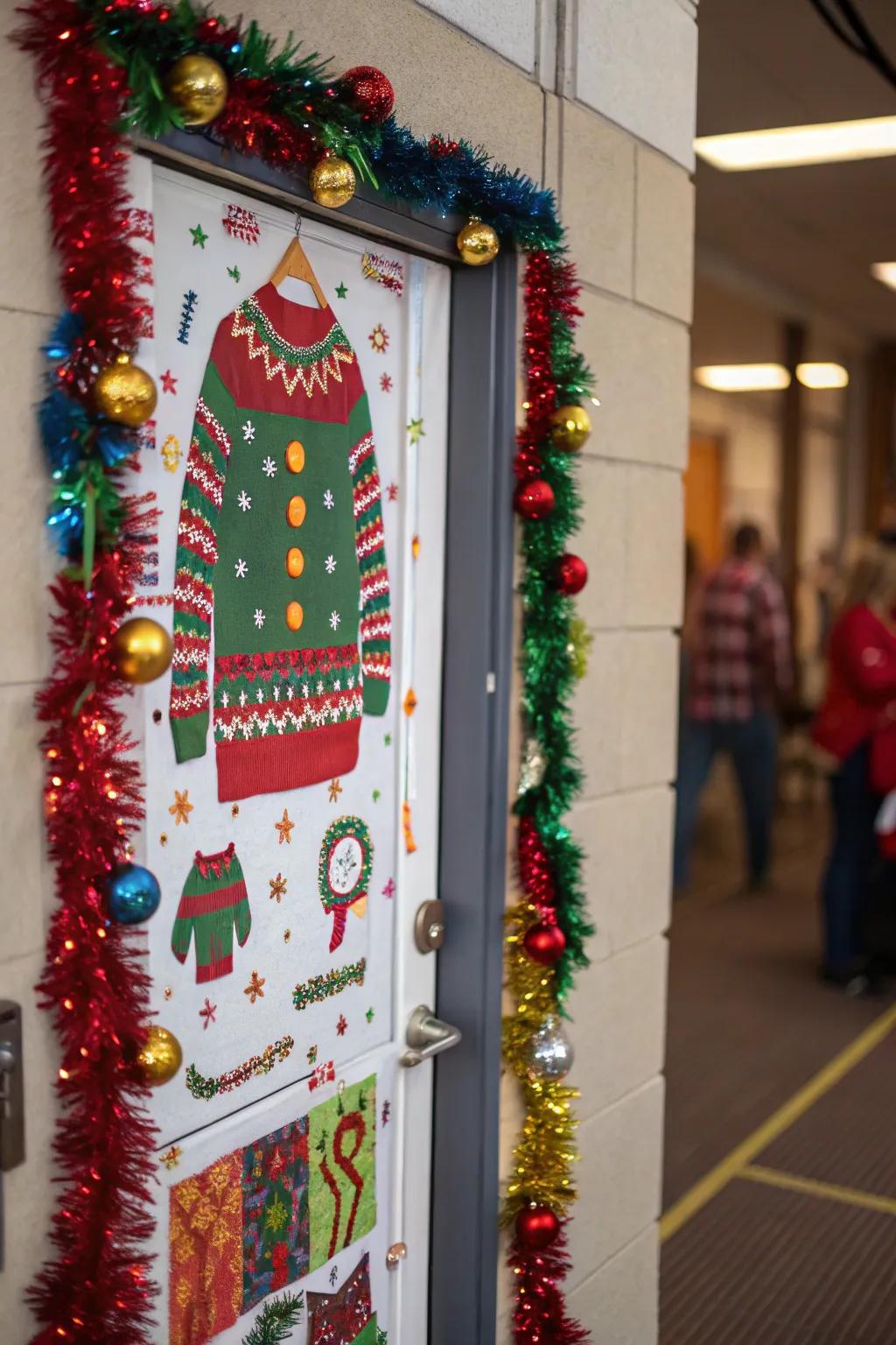 An ugly sweater-themed door brings humor and holiday spirit to your home.