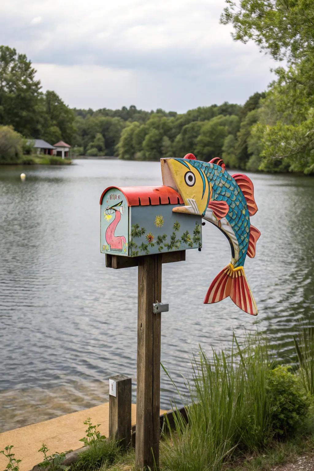 A vivid fish-shaped mailbox perfect for waterfront properties.