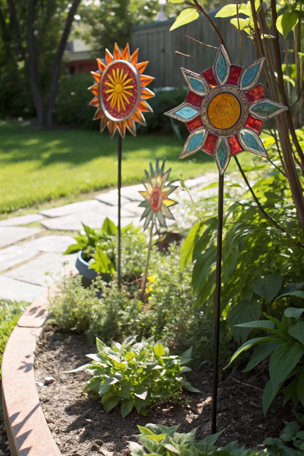 Sunburst patterns illuminating a garden nook.