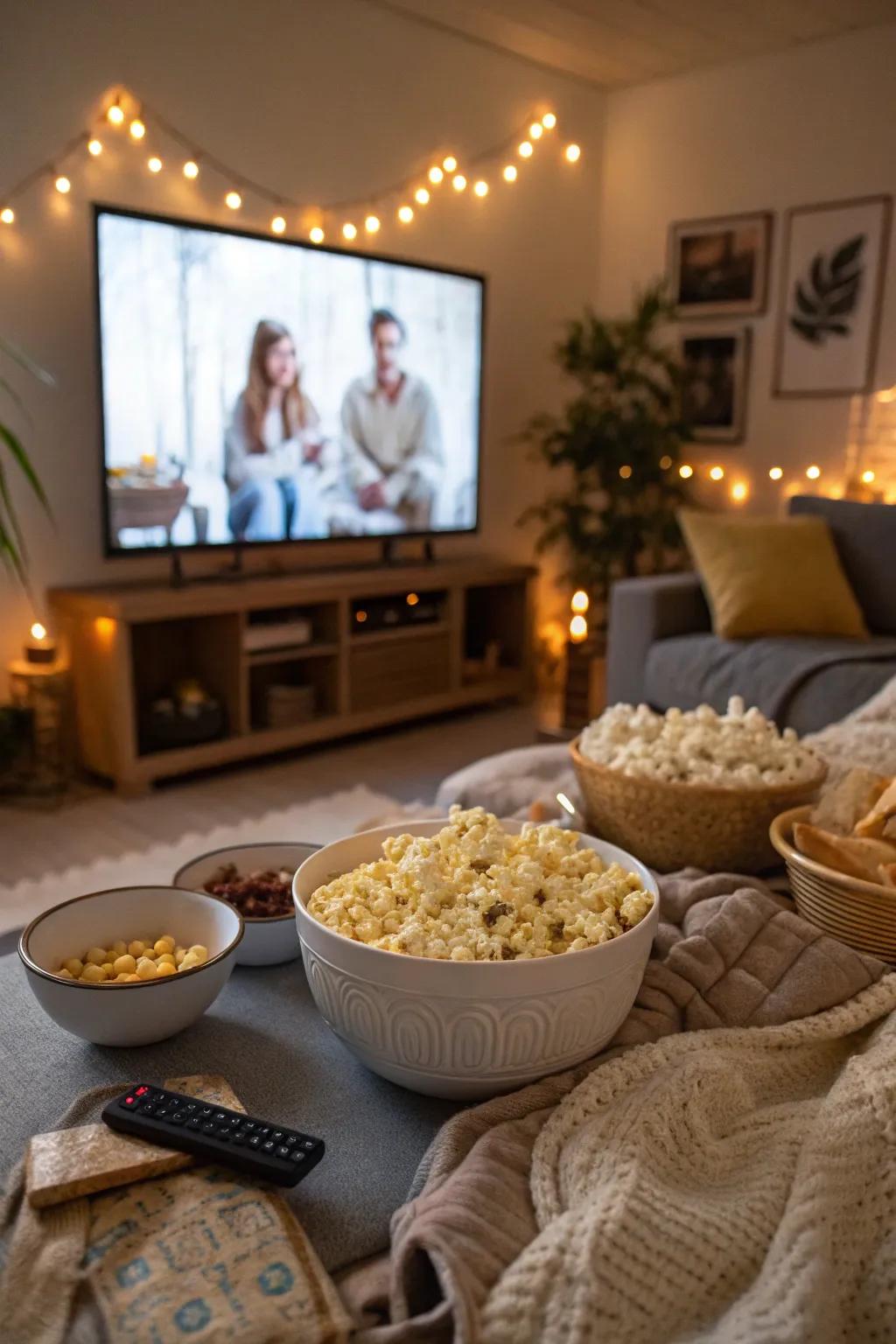 A cozy arrangement for a Galentine's Day movie event.