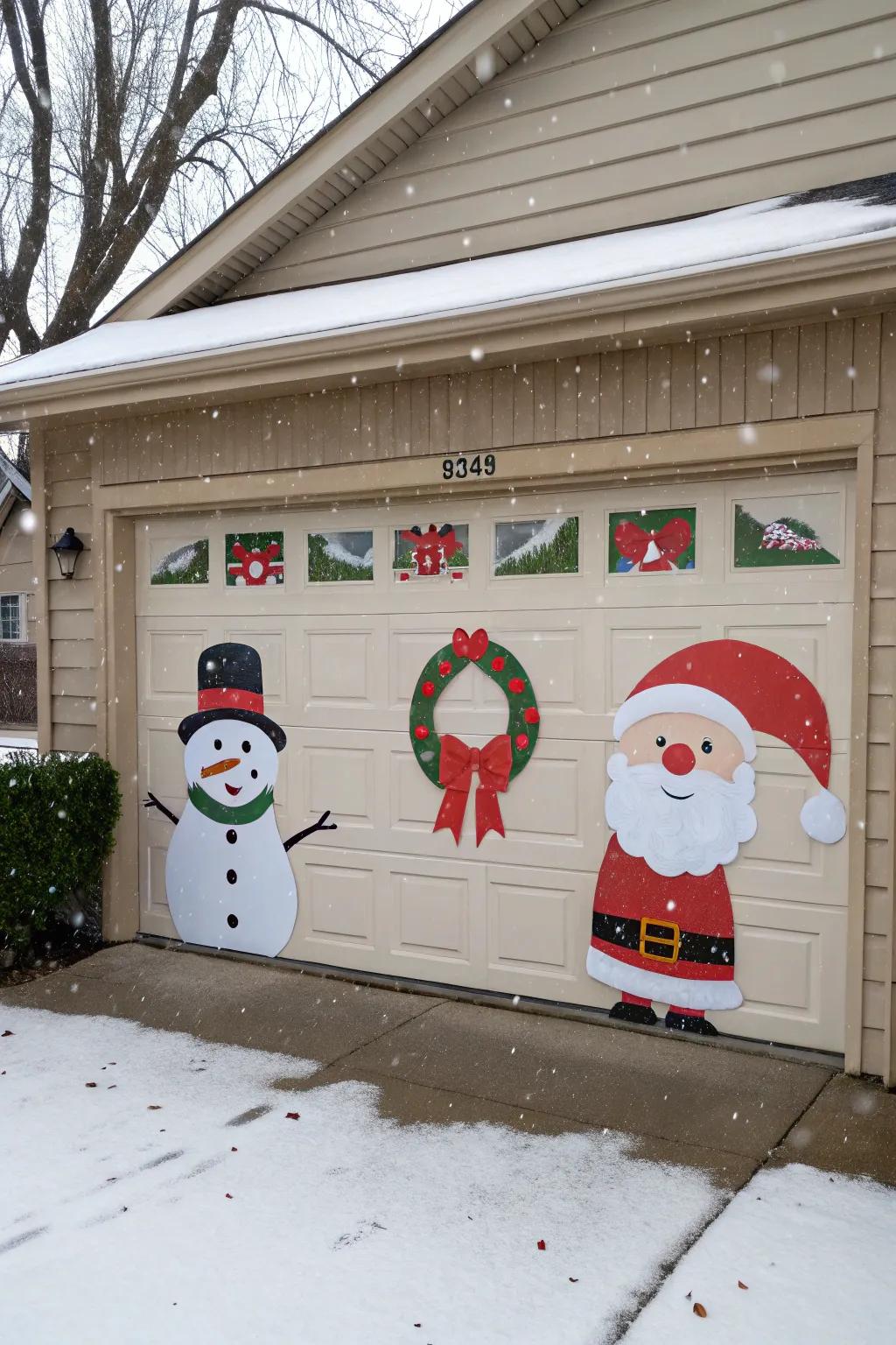 Garage door adorned with playful Christmas character figures.