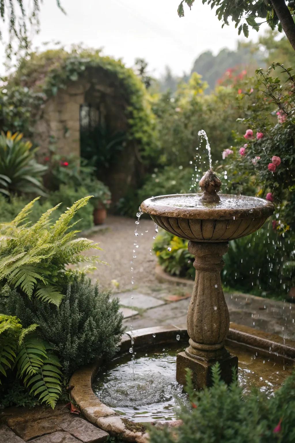 A serene garden fountain surrounded by lush greenery, adding tranquility to the space.