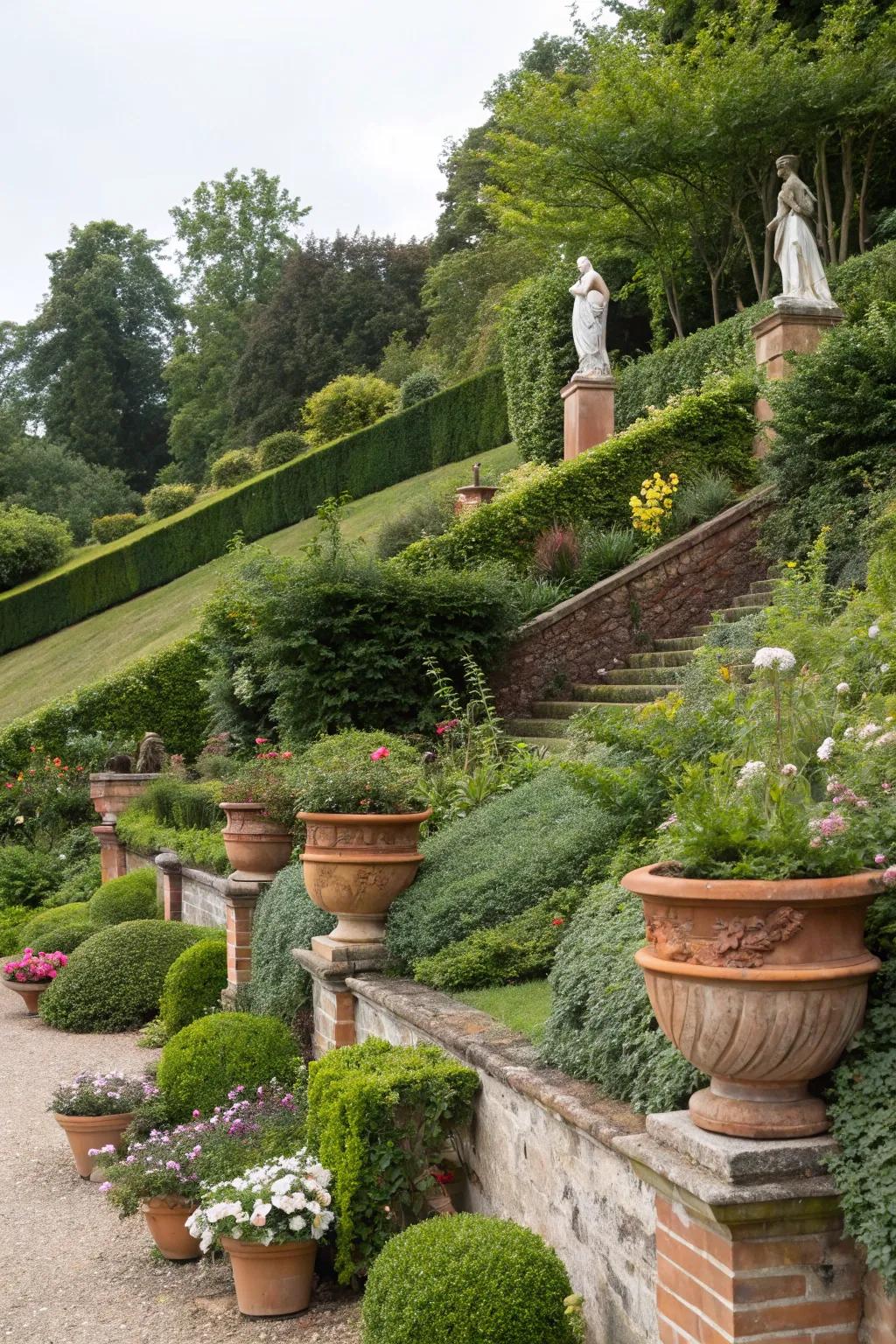 Decorative accents impart personality and charm to inclined gardens.