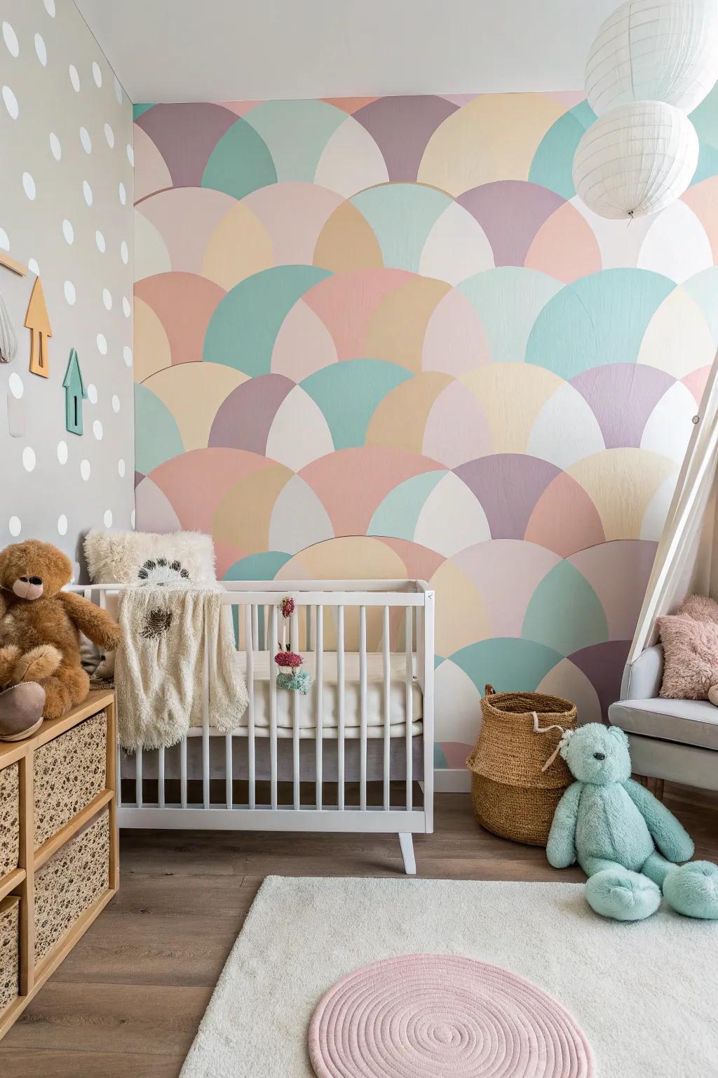 A nursery with calming circular geometric wall patterns.