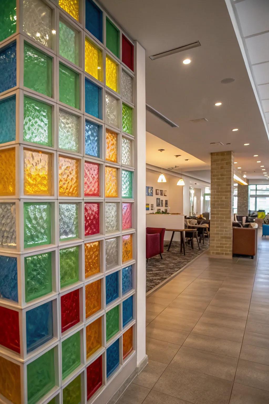 A room showcasing a vibrant glass block wall, delivering a lively and energetic touch.