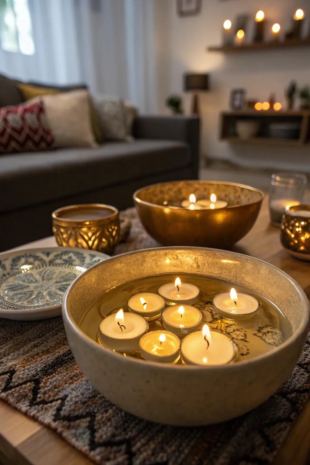 Hypnotizing adrift gilded candles that catch one's attention.