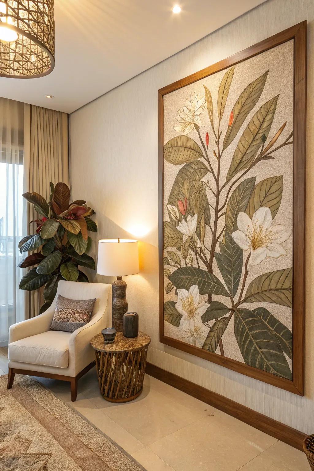Art influenced by nature, adding an organic element to the room.