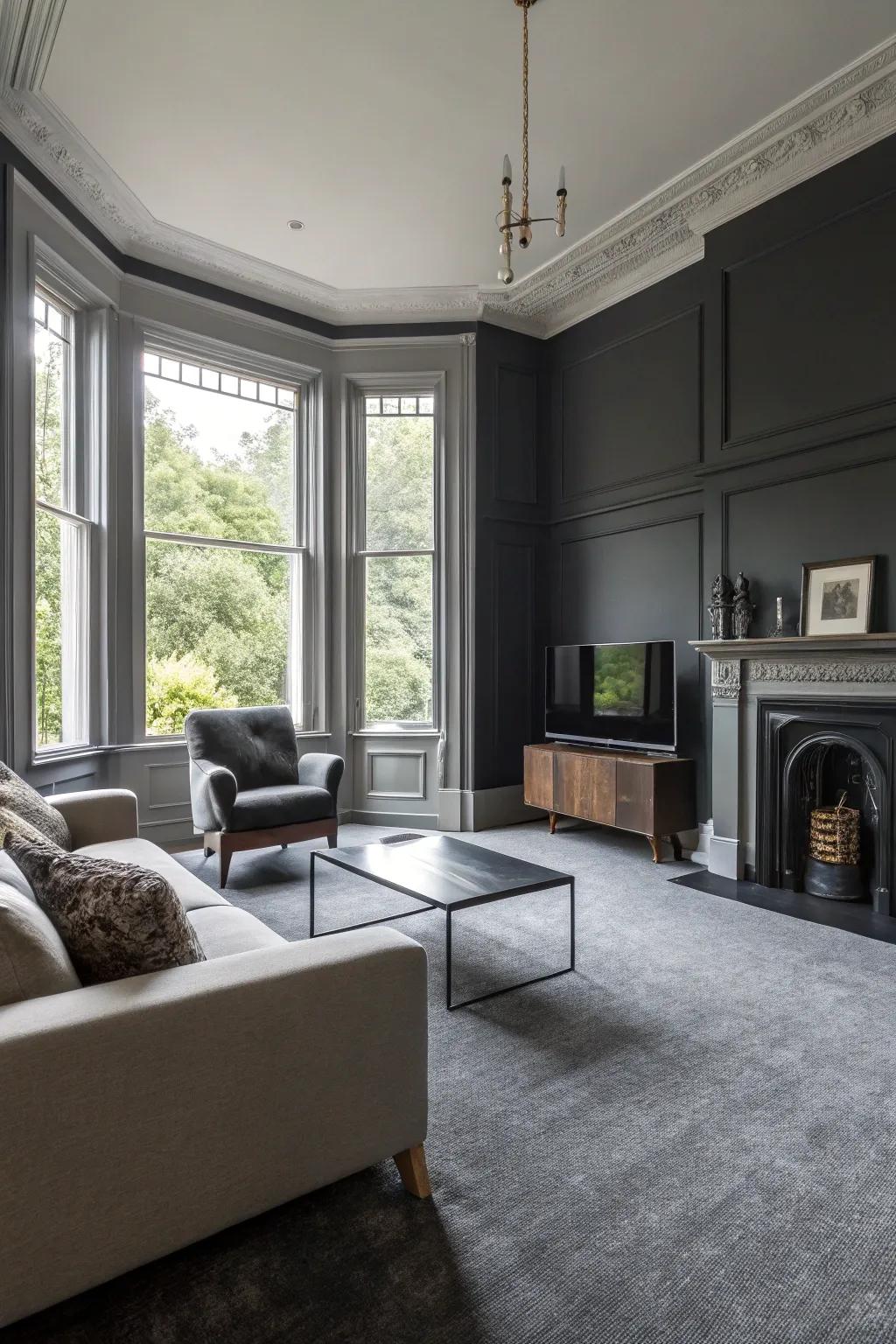 Charcoal walls add drama and depth to grey carpeted spaces.