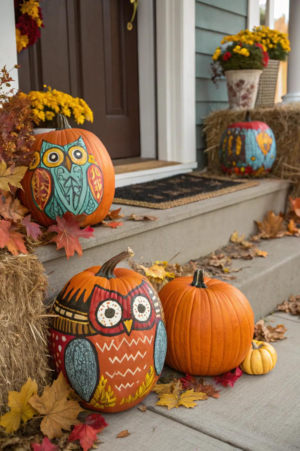 Owl-painted pumpkins add a whimsical touch to fall decor