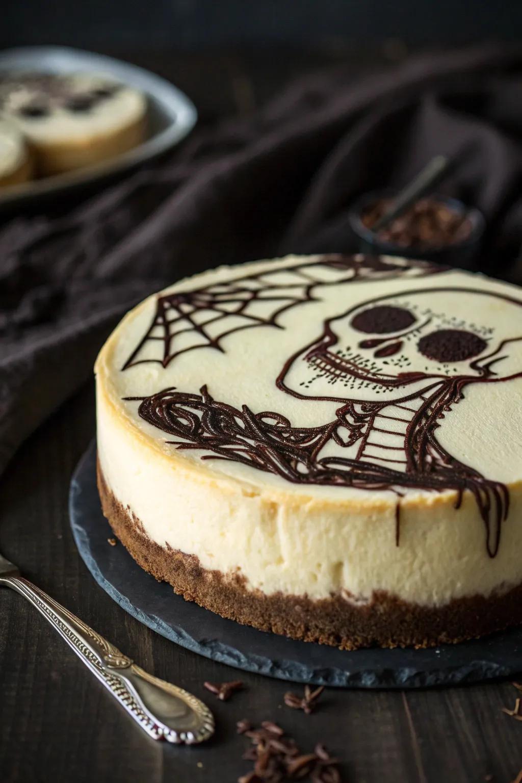 A cheesecake showcasing a spine-tingling skeletal visage blueprint.