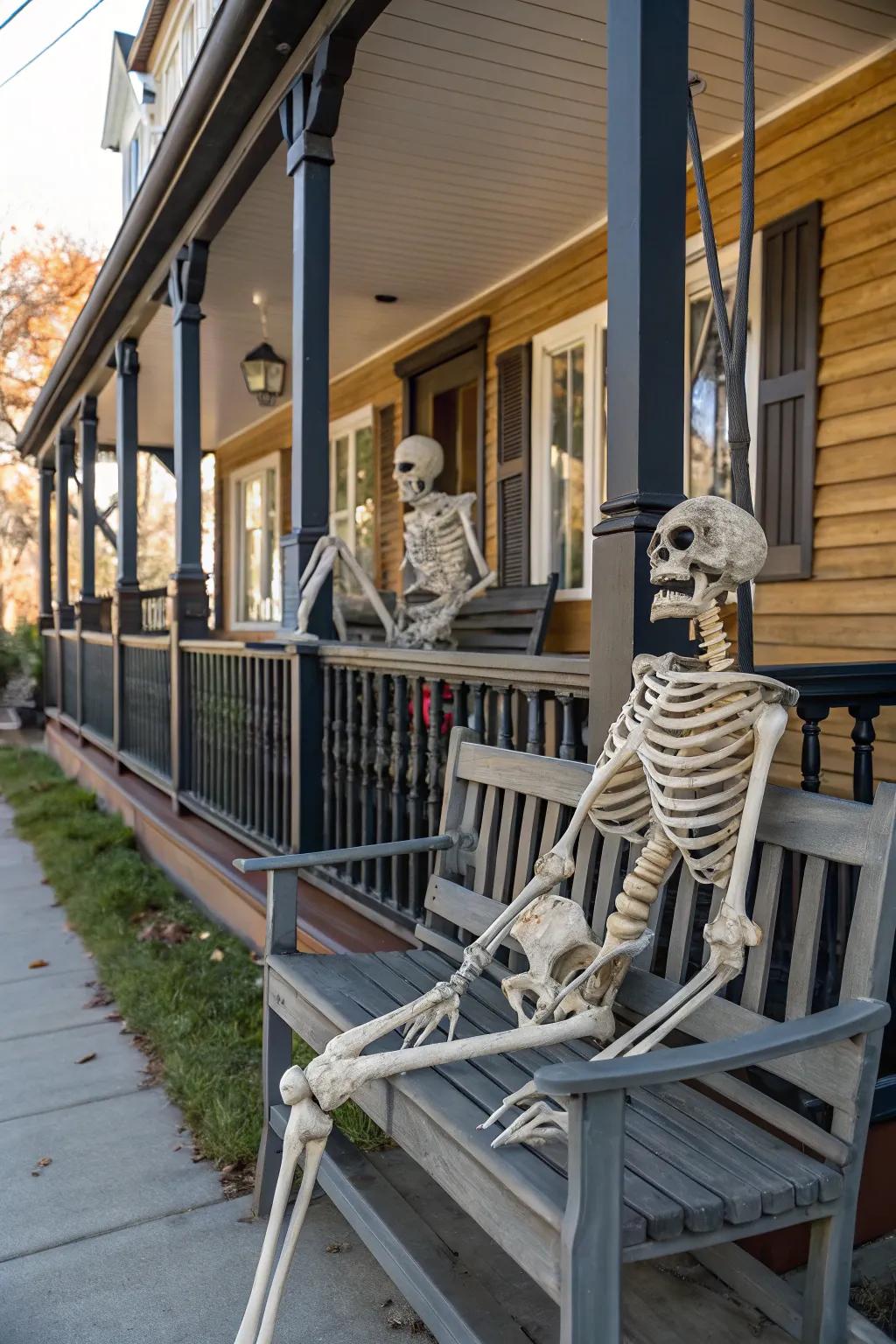 Playful skeletons add a humorous touch to this spooky setting.