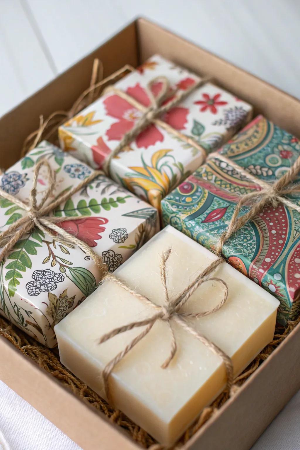 Handmade soap bars elegantly wrapped for gifting.