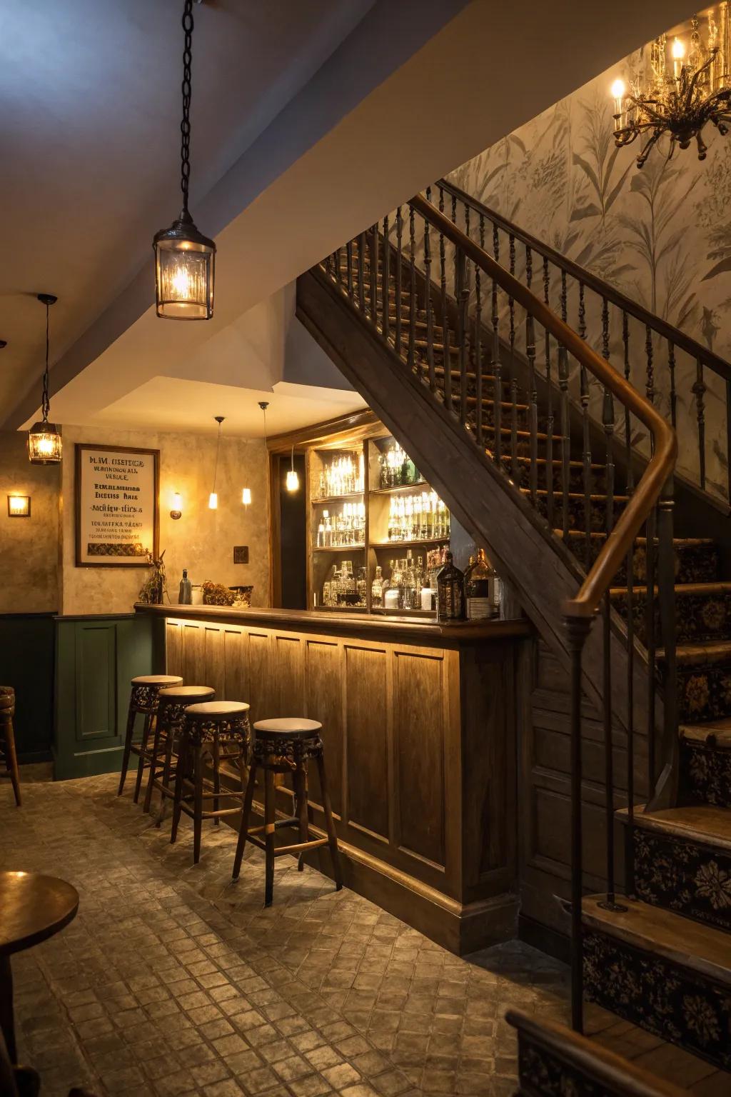 Ambient lighting setting the mood for an under-stair bar.