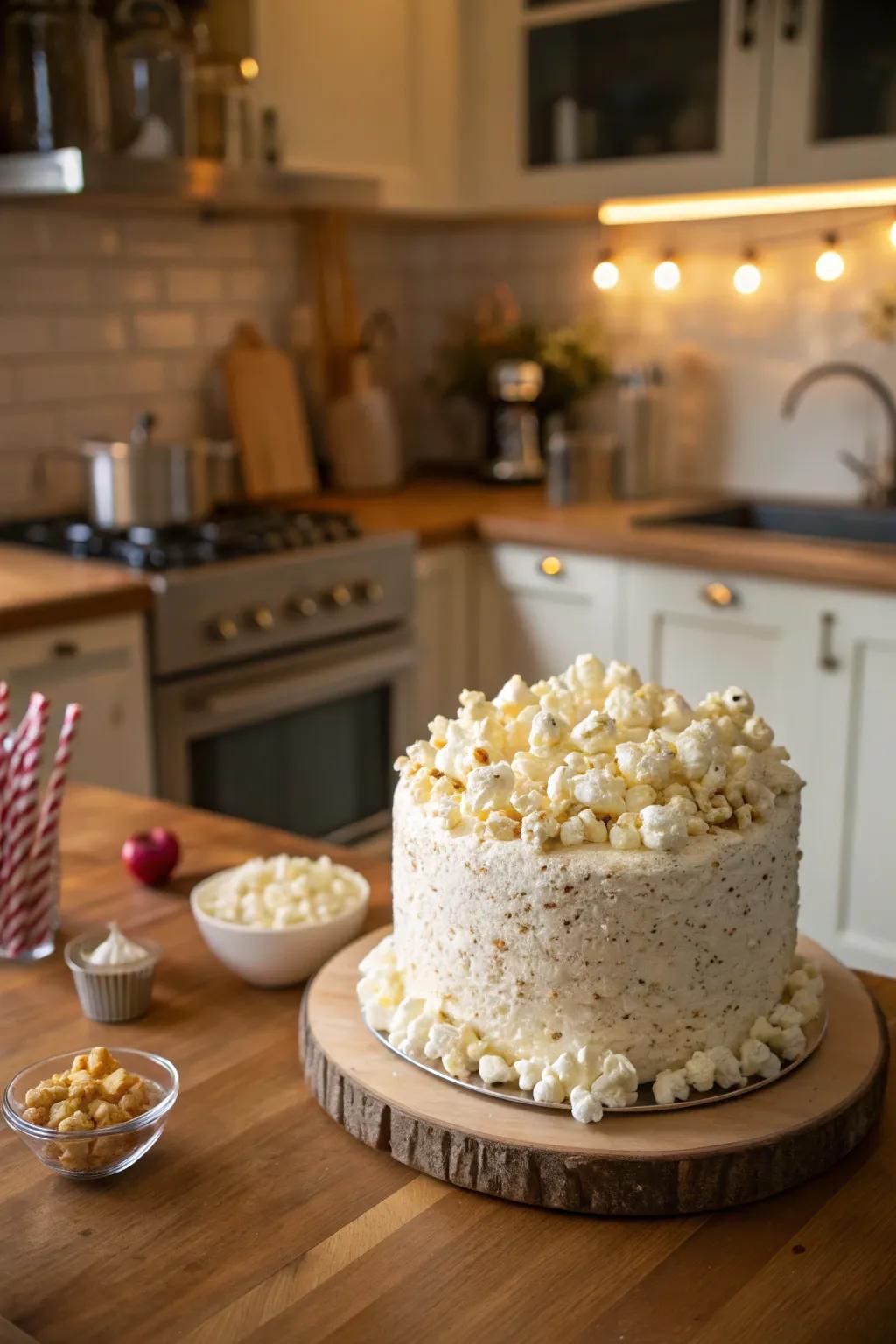 A fun cake with marshmallow popcorn for a lighthearted cinematic touch.