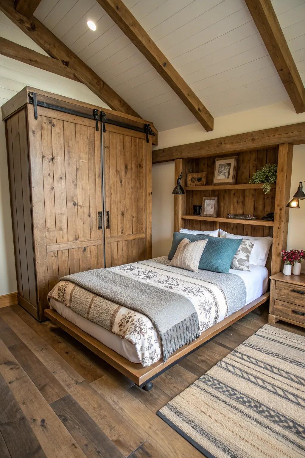 Country charm in a modern setting with a wooden foldaway bed, adding character to the room.