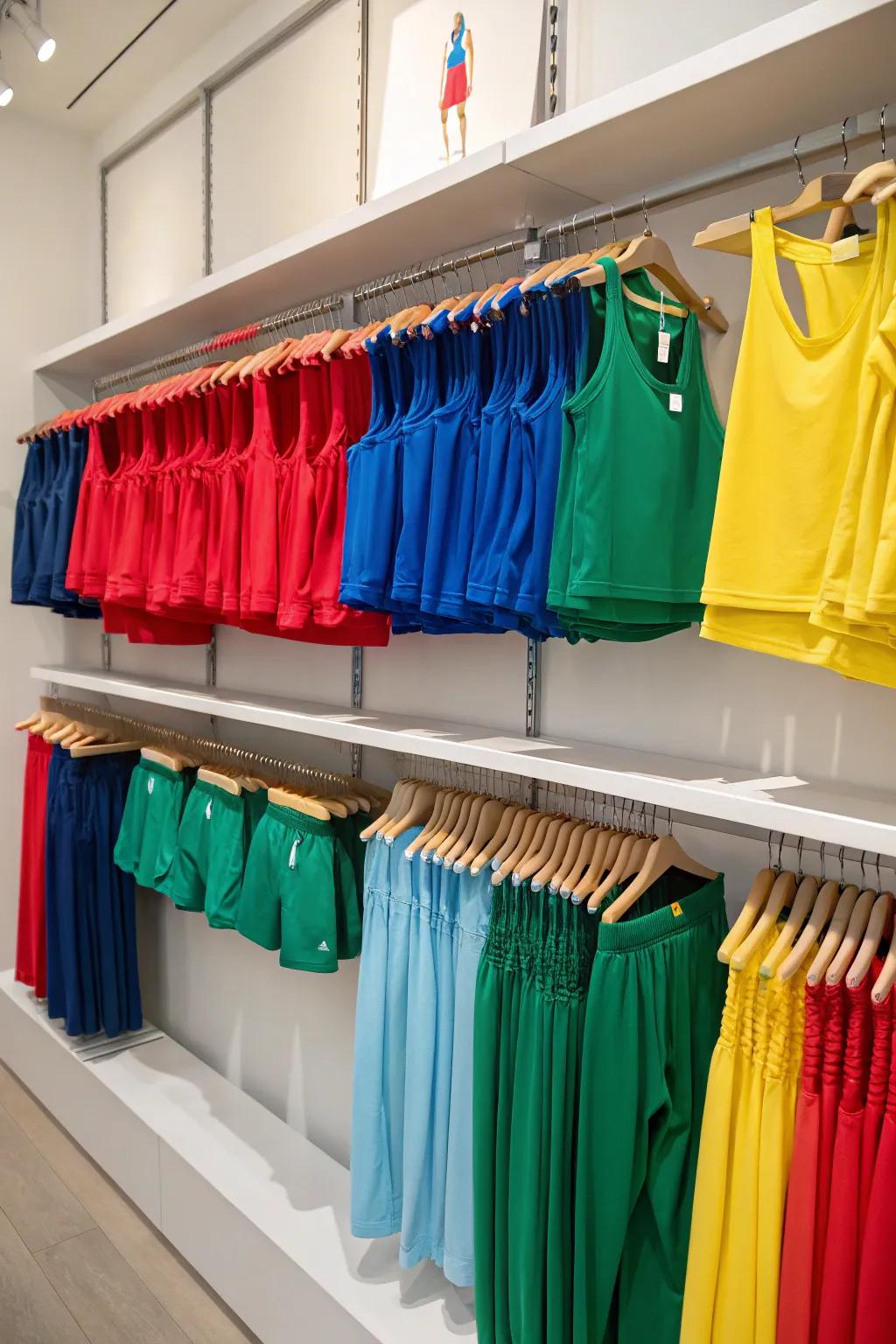 Color-coded workout clothes for an aesthetically pleasing closet.