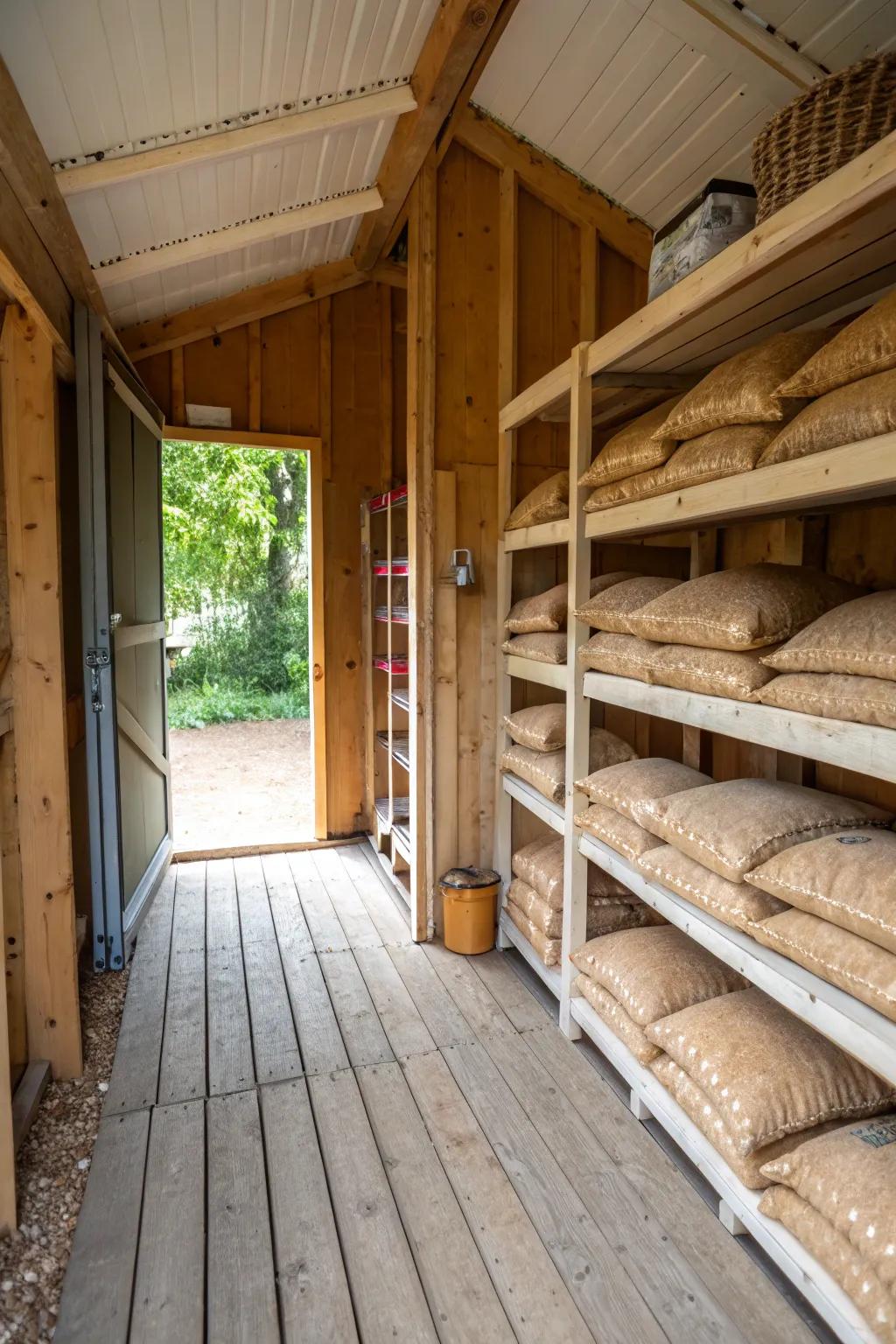 Shelving in sheds ensures pellets are organized and protected from ground moisture.