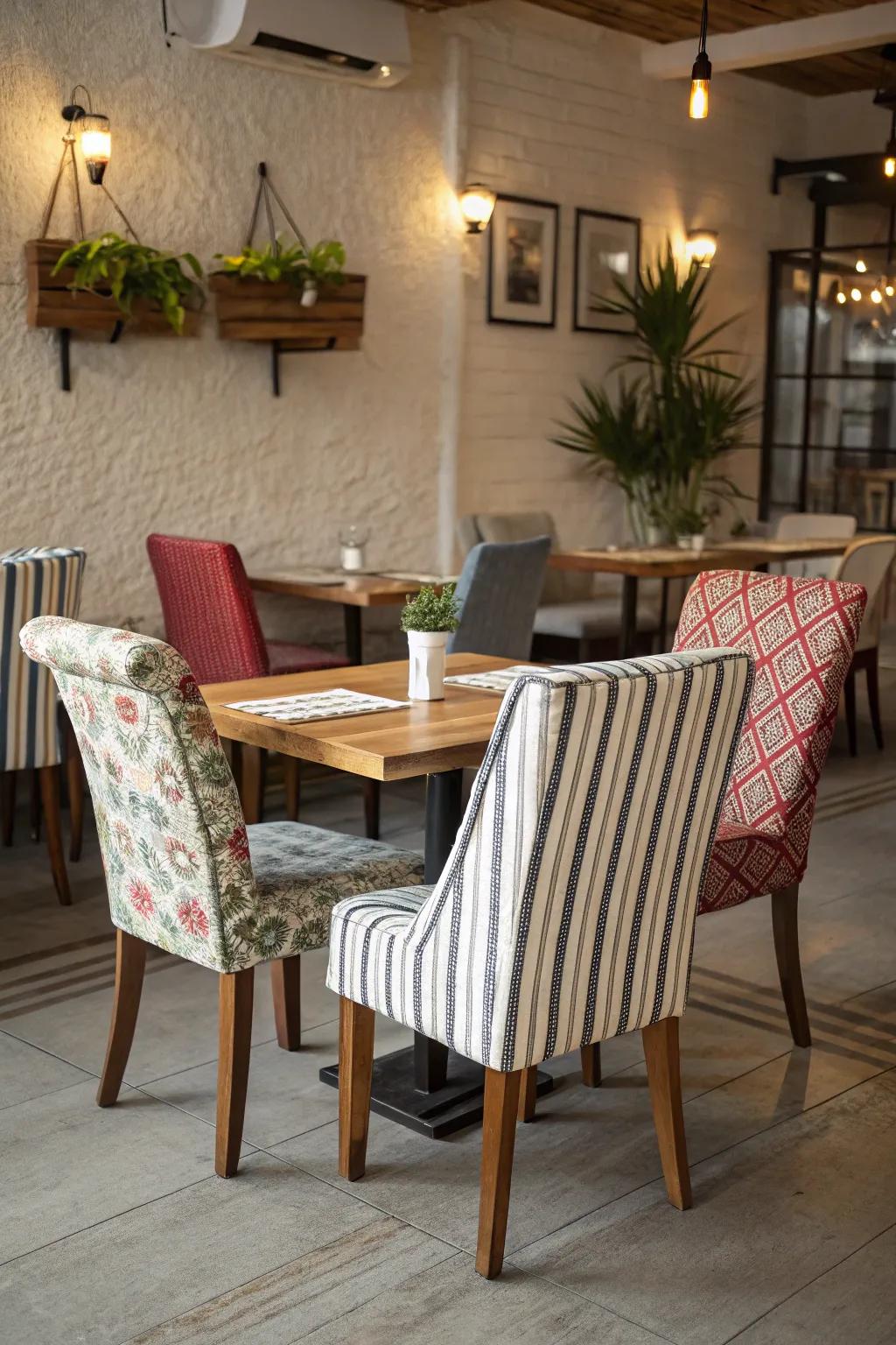 Relaxed charm with striped chair wraps.
