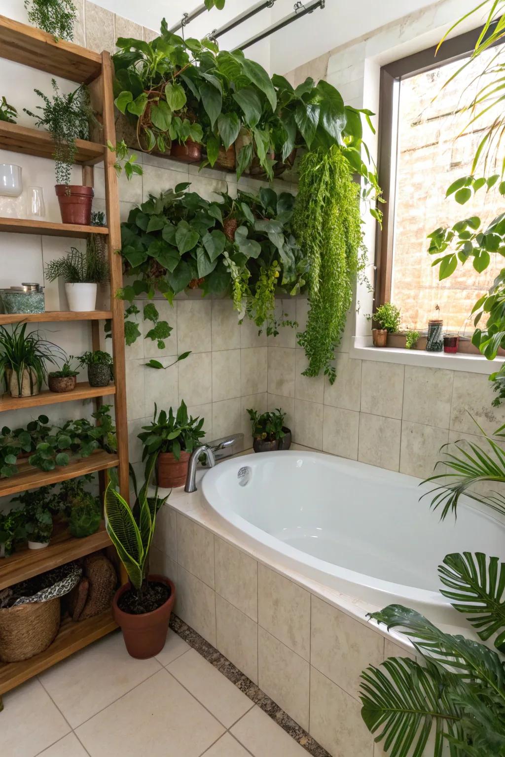 Create a serene bathroom retreat with greenery.