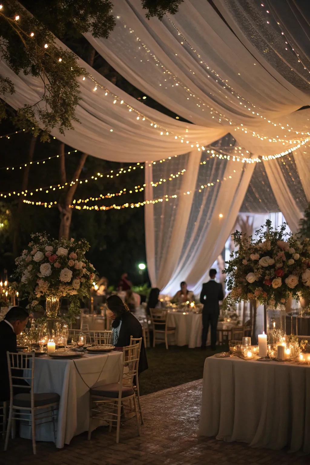 Draped textiles alongside lights fashion a fanciful reception.