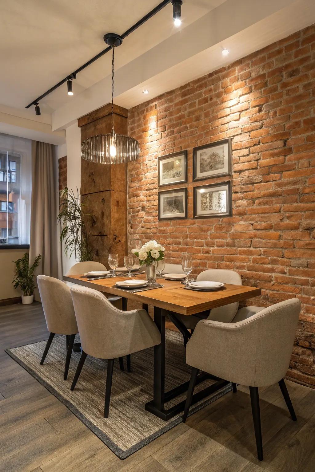 An inviting meal space with a brick facade, enhancing elegance and warmth during meal times.