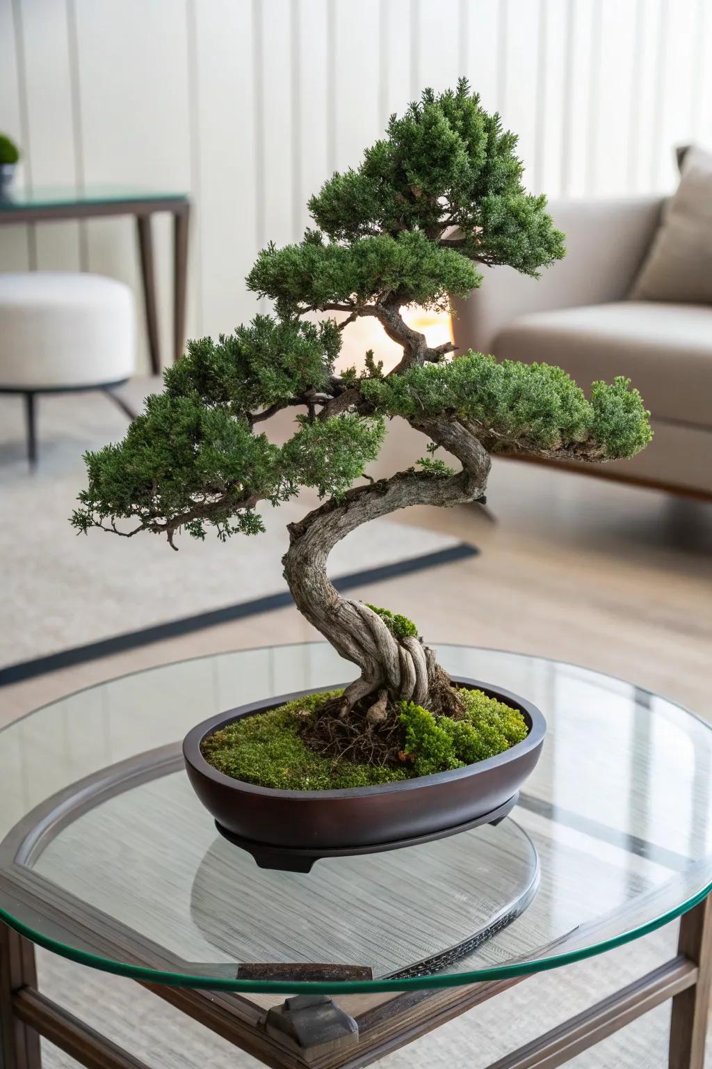 A semi-cascade juniper bonsai adding elegance to a stylish glass coffee table.