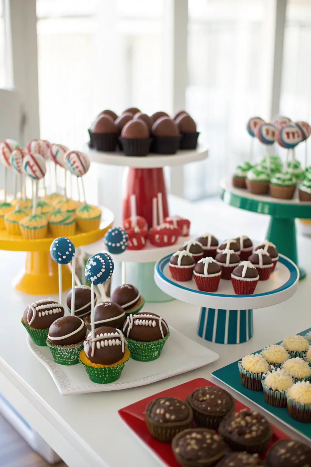 A dessert display featuring gridiron-themed confections.