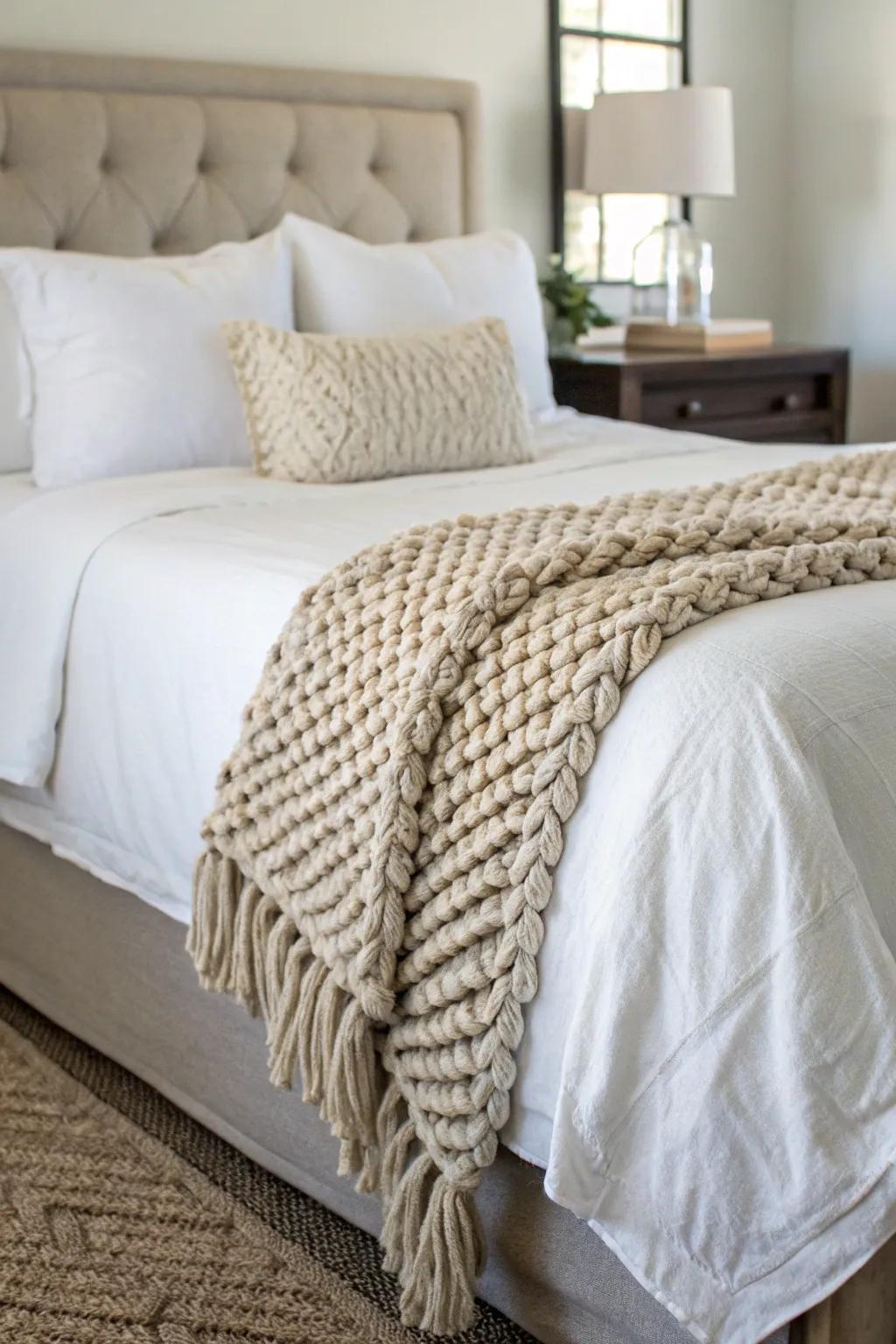 A cozy throw adds warmth and texture to this king-sized bed.