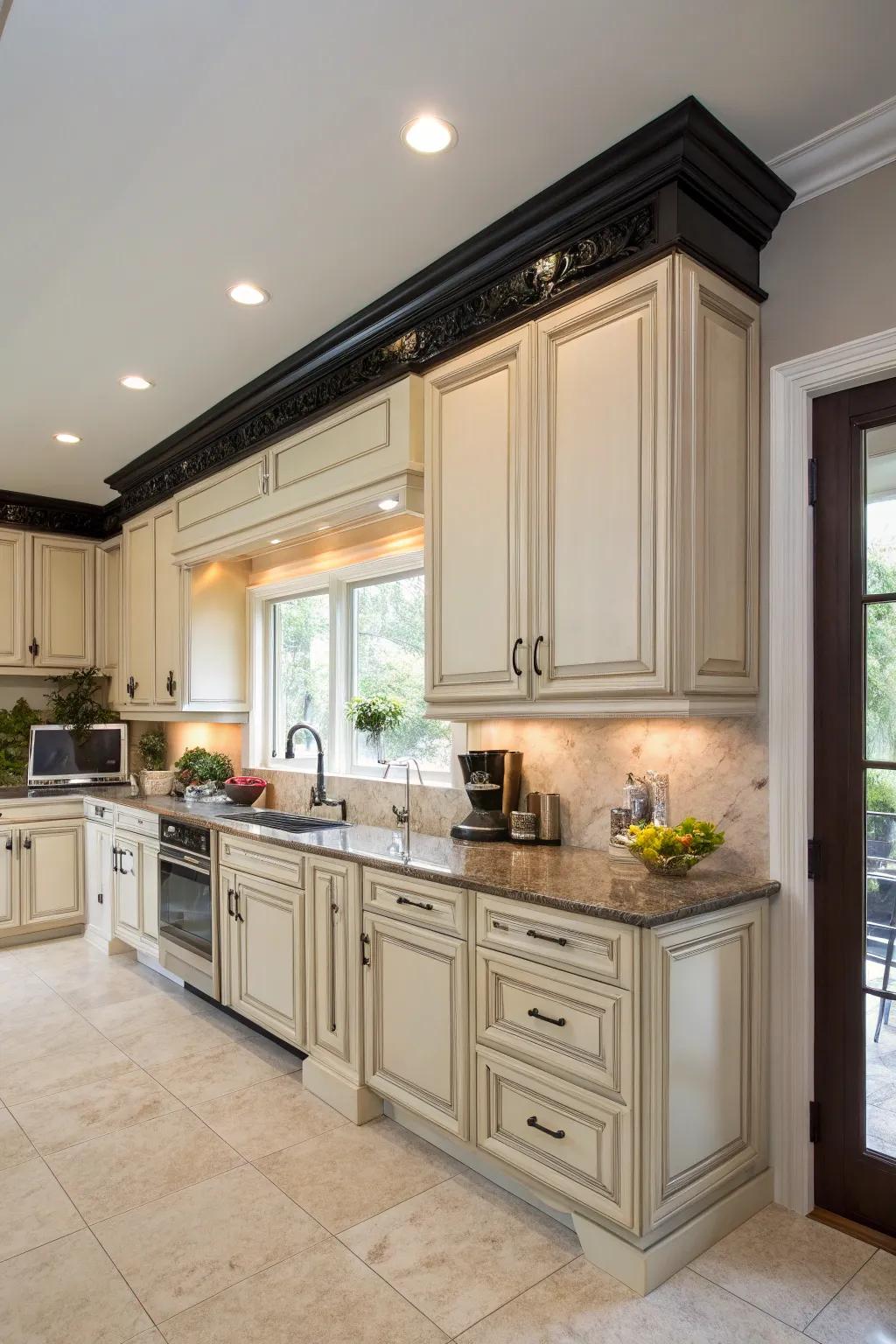 Dark trim against light cabinets makes a statement.