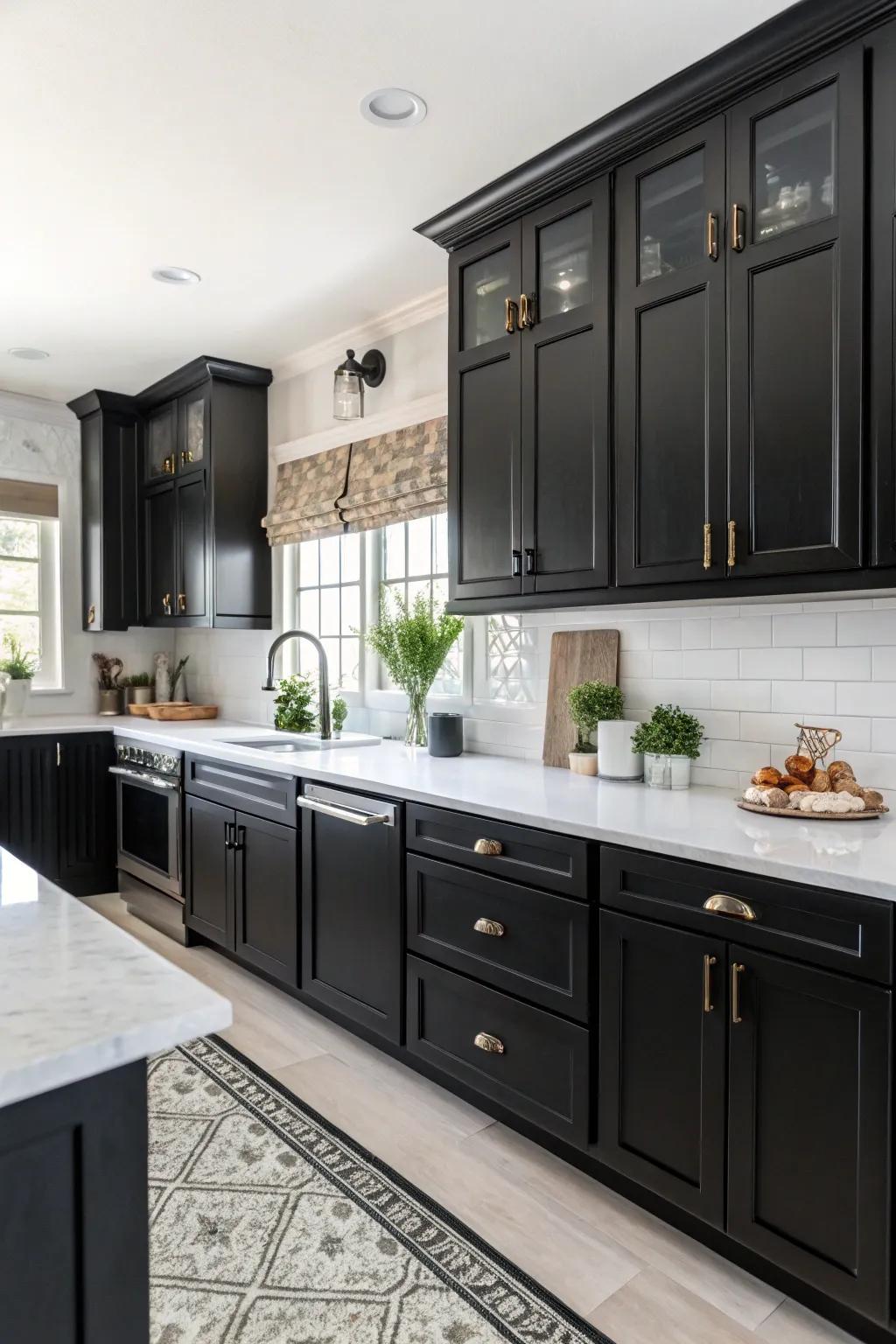 Dramatic black touches create a bold statement in the kitchen.