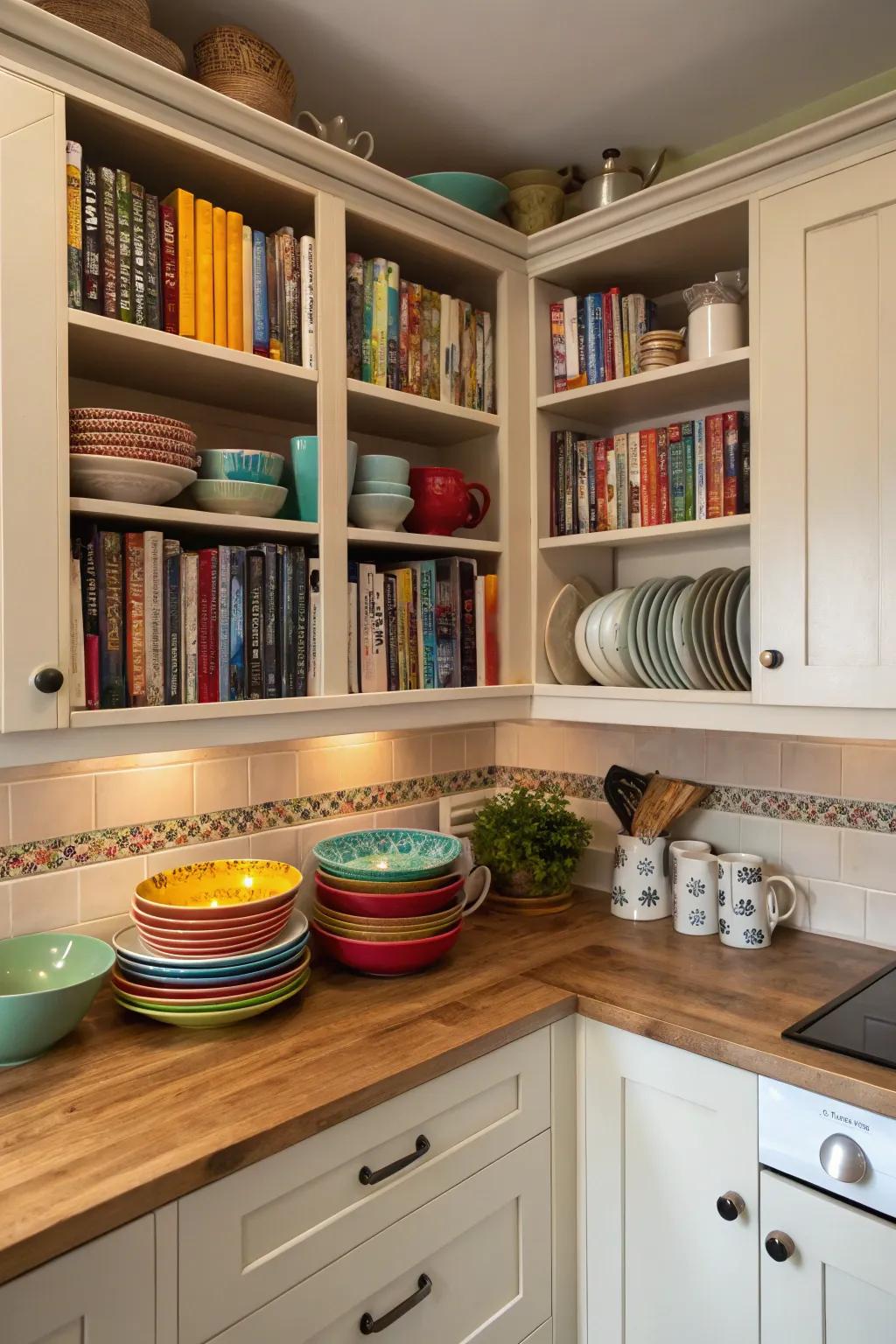 Angled cabinets enhance both style and function in kitchen corners.