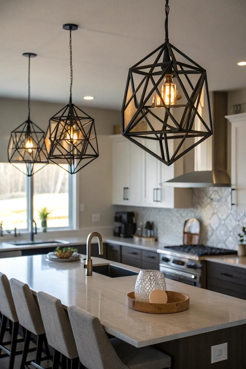 Geometric pendant lights create a bold statement above the island.