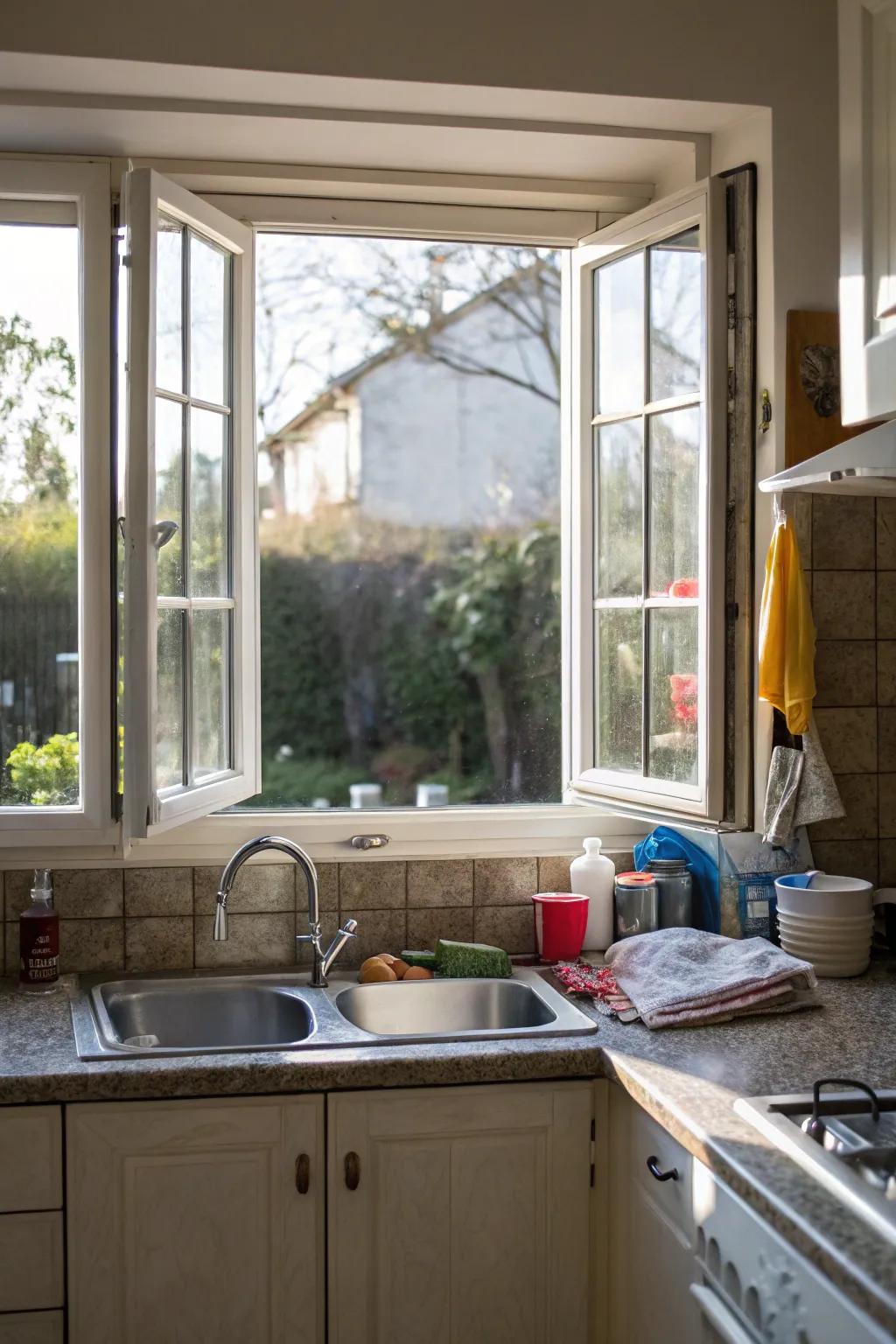 Swing-out windows offering great airflow in a kitchen.