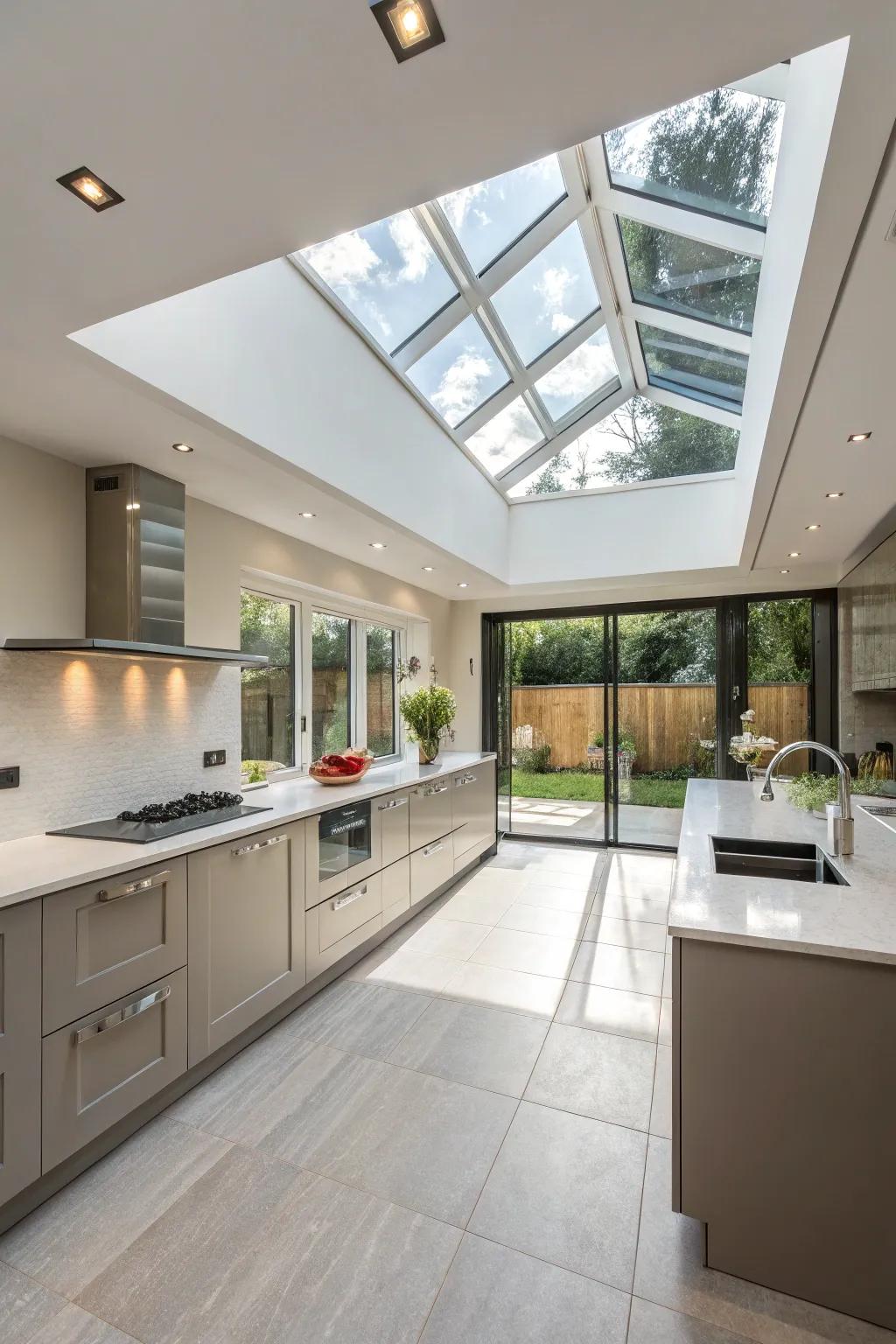 Skylights strategically placed to enhance kitchen functionality and aesthetics.