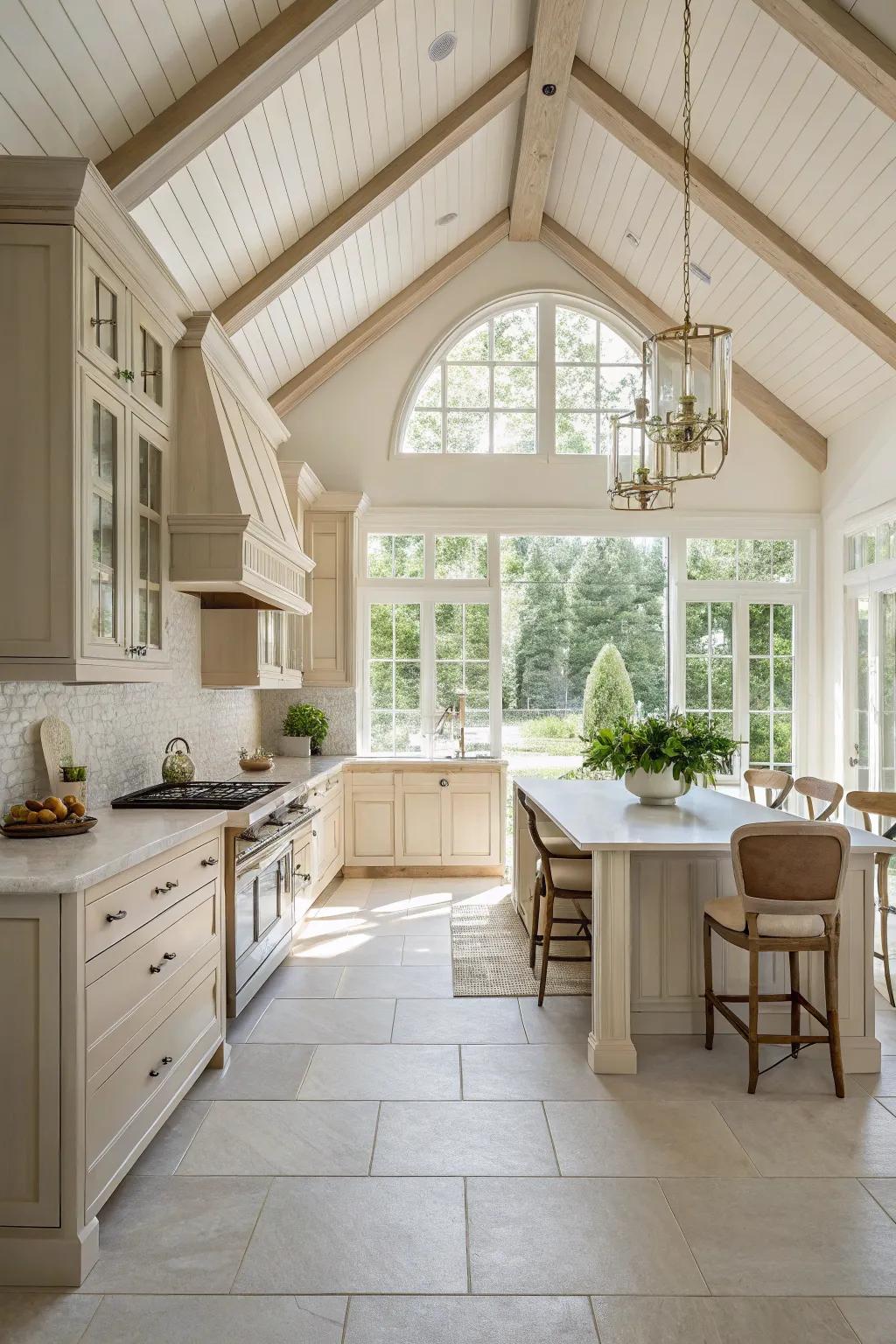 The soft color theme enhances the spacious feel of this vaulted ceiling kitchen.