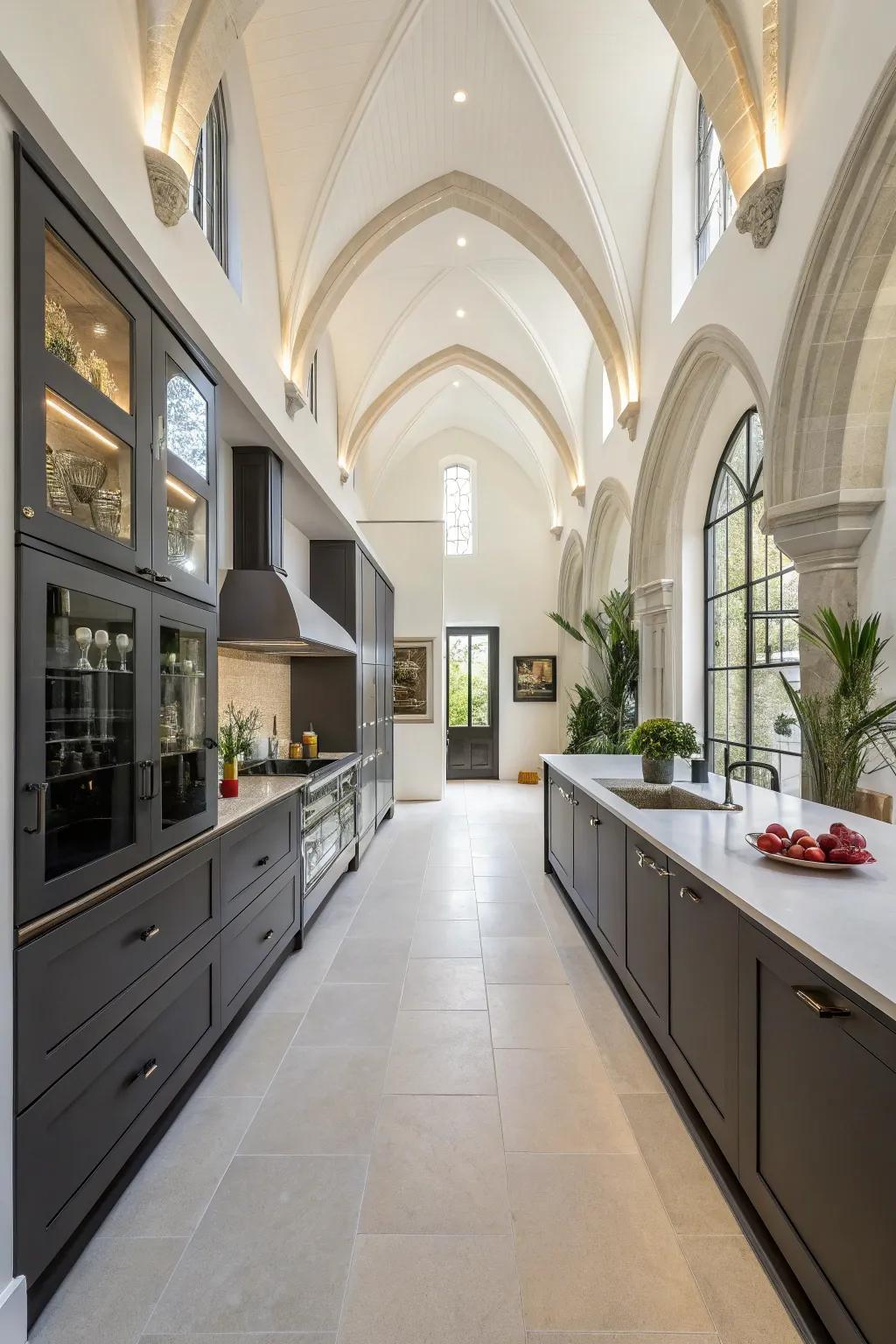 Tall cabinets add storage and sophistication to this high-ceilinged kitchen.