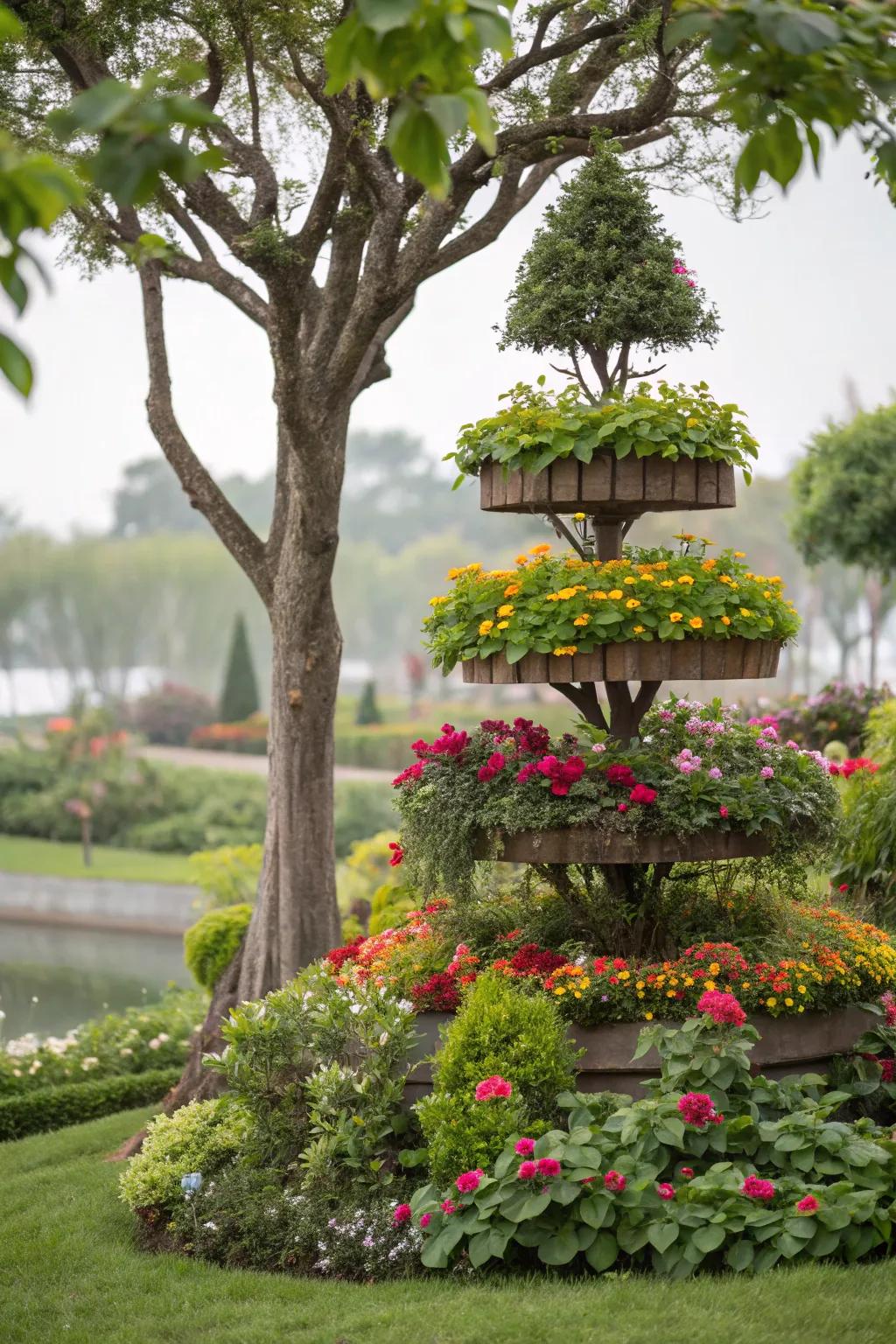 Tiered planting adds depth and a lush look around trees.