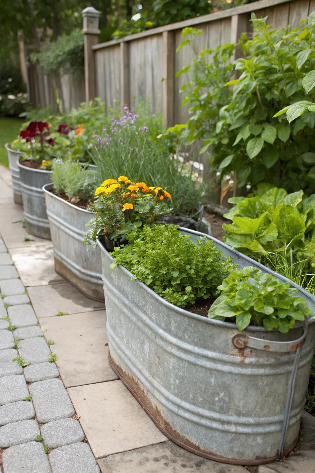 Galvanized steel tubs add rustic charm and functionality to your garden.