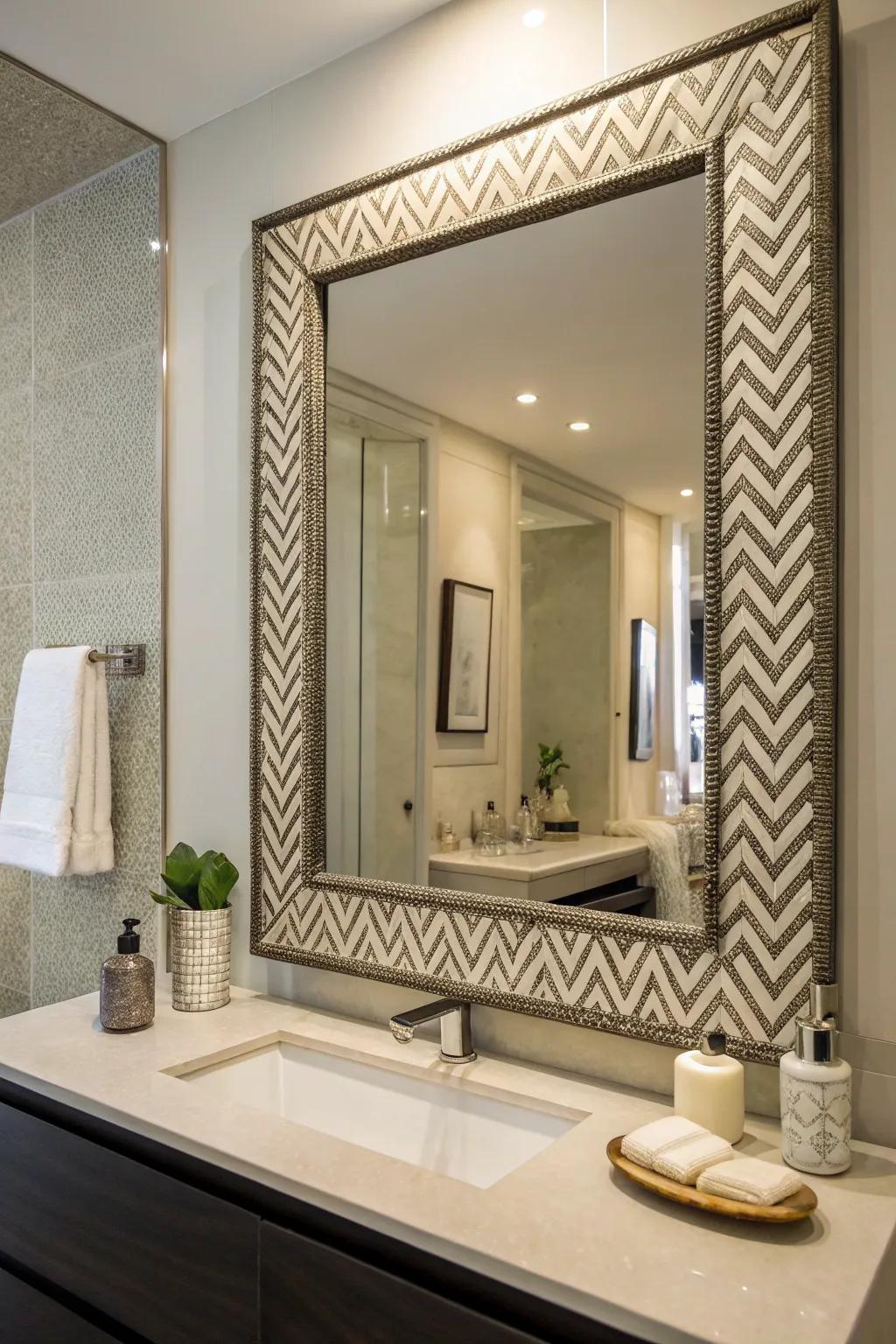 Herringbone patterns add geometric elegance to bathroom mirrors.