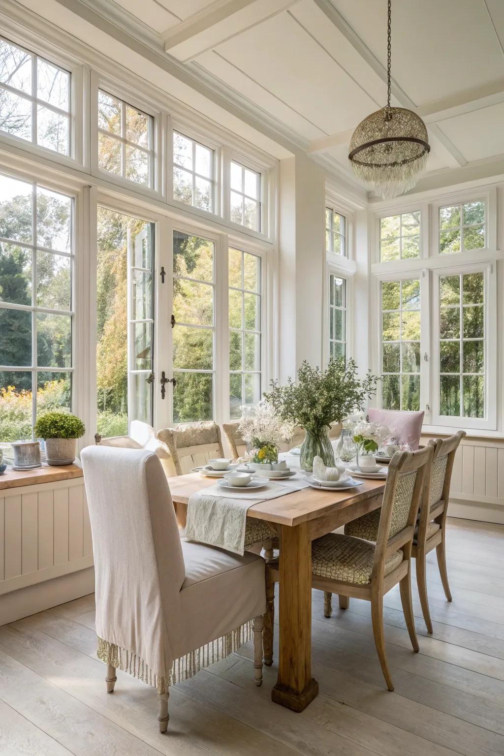 Sunlight that enhances the warmth and openness of the dining area.