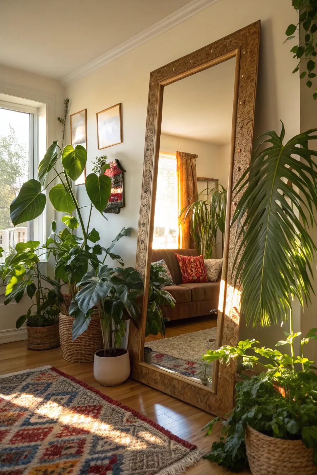 Plants and mirrors together create a natural, airy vibe in this living room.