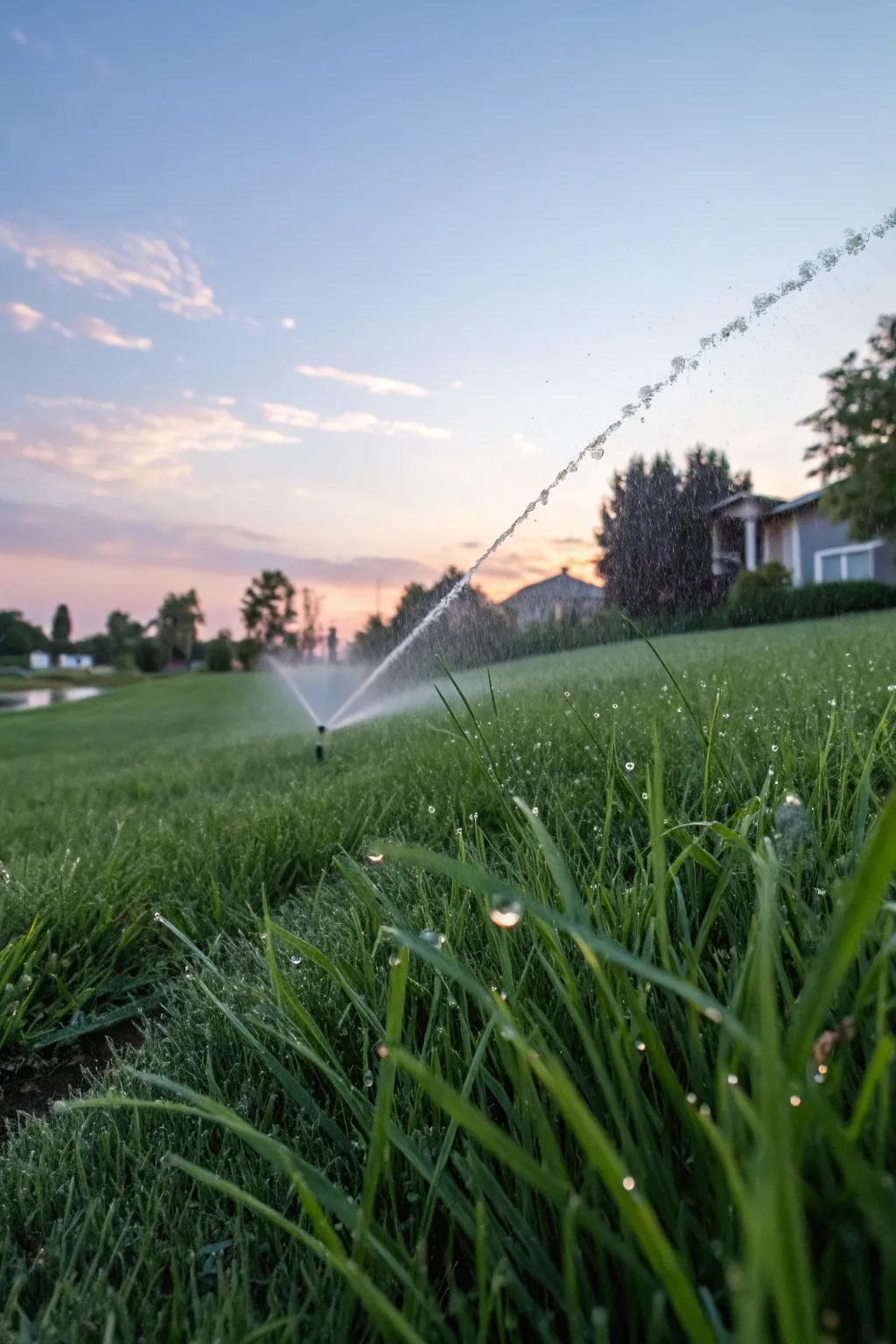 A well-watered lawn remains green and healthy under the morning sunlight.