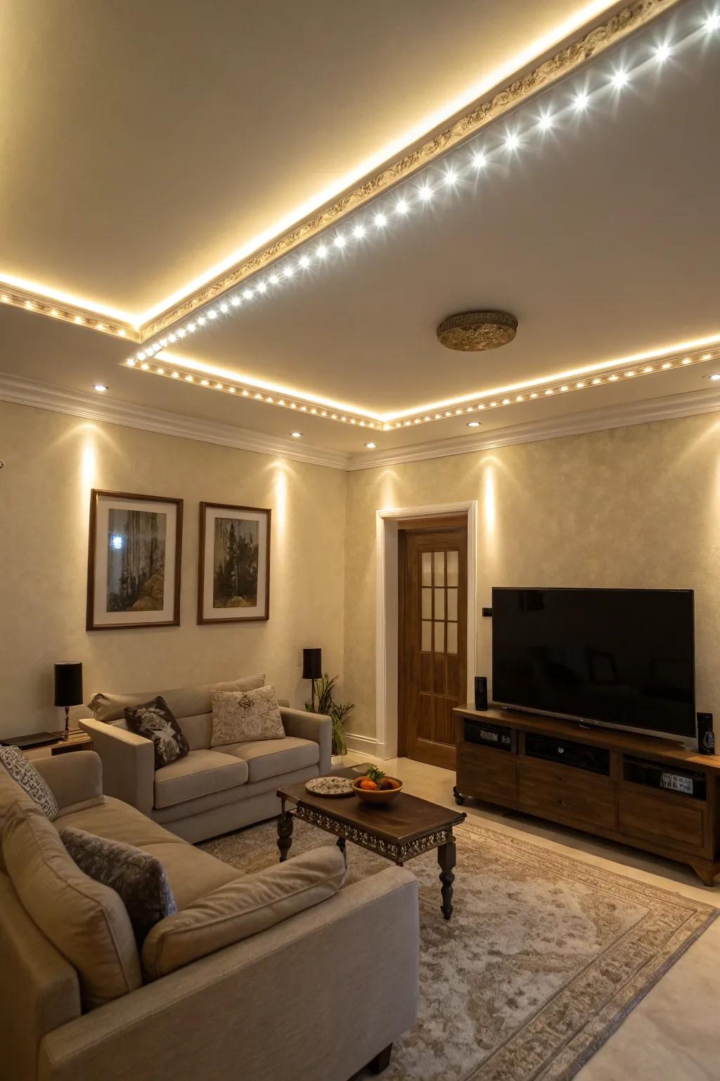 Add depth to your living room with ceiling LED highlights.