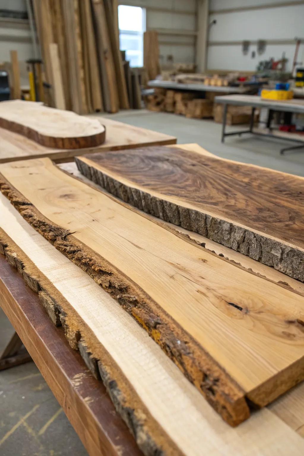 A selection of diverse wood types ready to transform into live edge countertops.